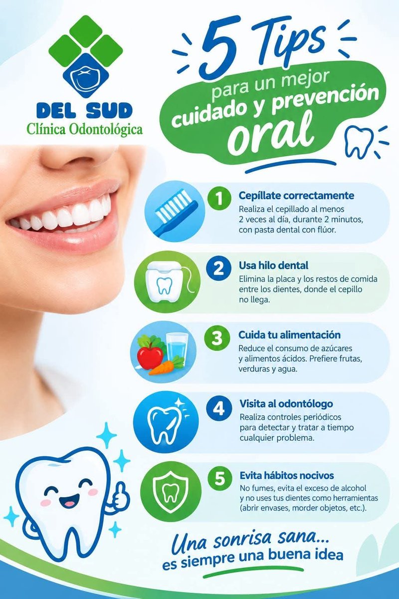 AlissonChavarra's tweet photo. 🦷✨ ¡Cuida tu sonrisa todos los días!

Una buena salud bucal comienza con pequeños hábitos. 💙
Sigue estos 5 tips de cuidado y prevención oral y ayuda a mantener tus dientes y encías saludables. https://t.co/eiQ6PIwklx