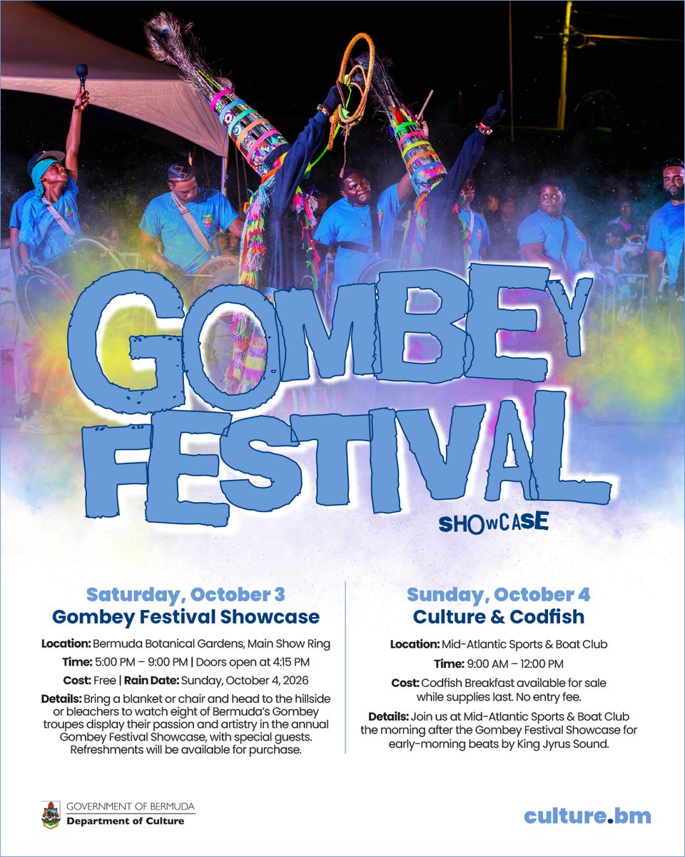 BermudaCulture's tweet photo. It’s a full weekend of Gombey greatness!

On Saturday, October 3, watch as Bermuda’s Gombey troupes bring their best performances to the stage for the annual Gombey Festival Showcase.

The following morning, join us at Mid-Atlantic Sports & Boat Club for a delicious codfish breakfast with music by King Jyrus Sound.

Visit https://t.co/u0MUhhajwM for more details.

#BermudaCulture #GombeyFestival #CultureAndCodfish #Bermuda