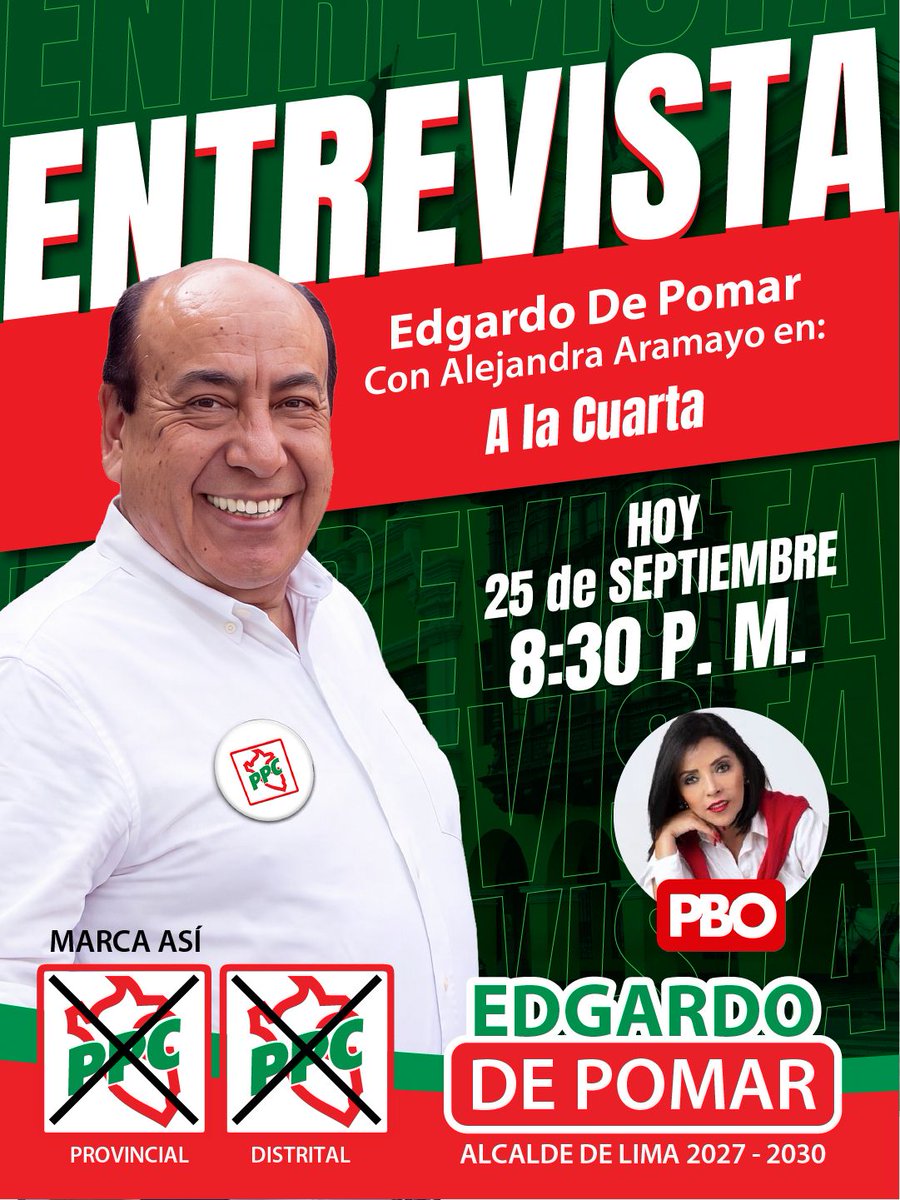 EdgardoDePomar's tweet photo. EN BREVE DESDE LAS 8:30 P. M. ESTARÉ EN “A LA CUARTA” POR PBO
Gracias a la invitación de Alejandra Aramayo.
✅ Lima se merece un alcalde sobrio, derecho y de derecha.
🎯 Este 4 de octubre, únete a La Ola Verde del PPC. #DePomarParaGanar
#Lima #PPC #EdgardoDePomar https://t.co/I47hGMex2B