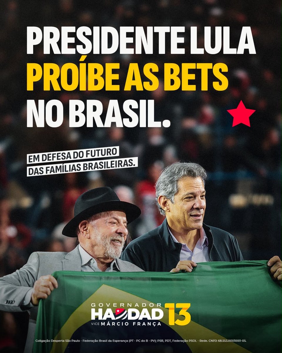 Haddad_Fernando's tweet photo. Acabamos com as bets no Brasil!

Hoje, o presidente Lula assinou a MP que acaba com as bets em nosso país. Essas bets estavam comprometendo a renda das famílias, levando sofrimento para dentro de casa e causando um grande prejuízo social econômico. 

Por isso, o fim das bets é uma grande medida para proteger os brasileiros.
Além disso, o estado vai estar ao lado das famílias que ficaram endividadas através do Novo Desenrola, que irá reestruturar dívidas e garantir a oportunidade de um novo começo.

Mais proteção, mais renda e mais oportunidades para todos. Vote 13!