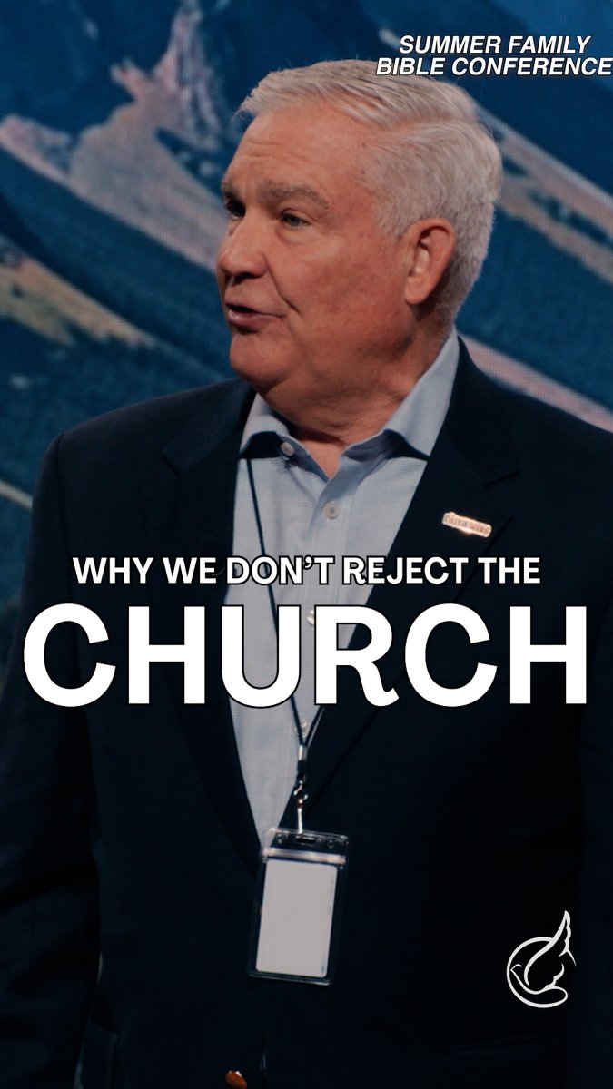A photograph of an older man with gray hair speaking at the 'SUMMER FAMILY BIBLE CONFERENCE,' with overlaid text reading 'WHY WE DON'T REJECT THE CHURCH' and a flame logo in the bottom right corner.