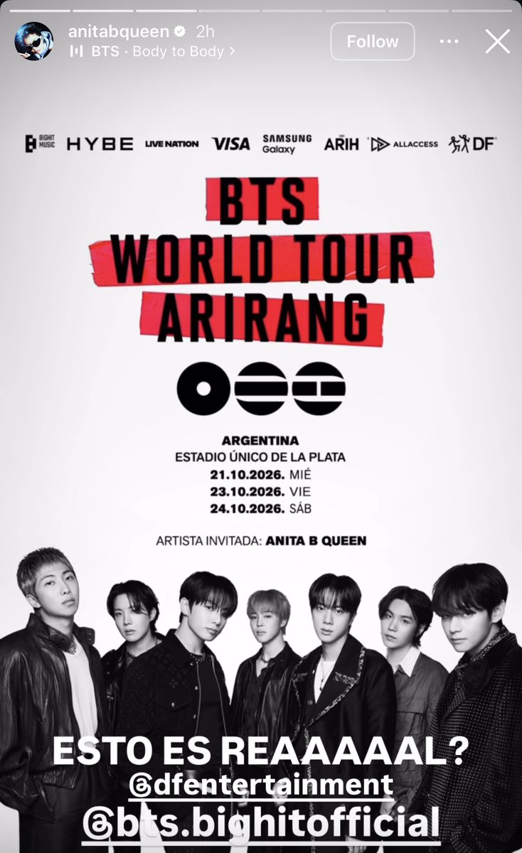 ran__min's tweet photo. يمههه اصبروا وفقًا لـ Billboard Argentina، وبتأكيد من الفنانة نفسها، ستتولى الـDJ Anita B Queen مهمة افتتاح حفلات BTS الثلاث في الأرجنتين، وستفتتح عروضهم أيام 21 و23 و24 أكتوبر ! 😭😭❤️‍🔥

👤حسنًا، حسنًا. إذًا الحماس وصل لاقصى درجة. شكرًا لكم. شكرًا لكل الارمي الذين ��انوا هناك ويدعمونني منذ ما قبل معرفة من سيكون الفنان الذي سيفتتح الحفل. ...شكرًا لكم حقًا، من أعماق قلبي. شكرًا للشركة المنظمة، وشكرًا لـBTS. يا إلهي! هذا جنون.

👤وبالنسبة إلى الفتيات اللواتي كنّ يرغبن في إثارة الفوضى في الكونسرت😭 ، سأبذل كل ما لديّ. سأبذل كل ما لديّ حقًا. ربما أتدرّب على بعض خطوات الرقص الجيدة، لا أعلم ، لكننا سنذهب إلى هناك.

👤ستكون ثلاث ليالي مذهلة، انتظرها الكثير من الناس لفترة طويلة جدًا، لذلك سنجعلها لا تُنسى، وسنجعل BTS يعرفون من هو أفضل جمهور في العالم.