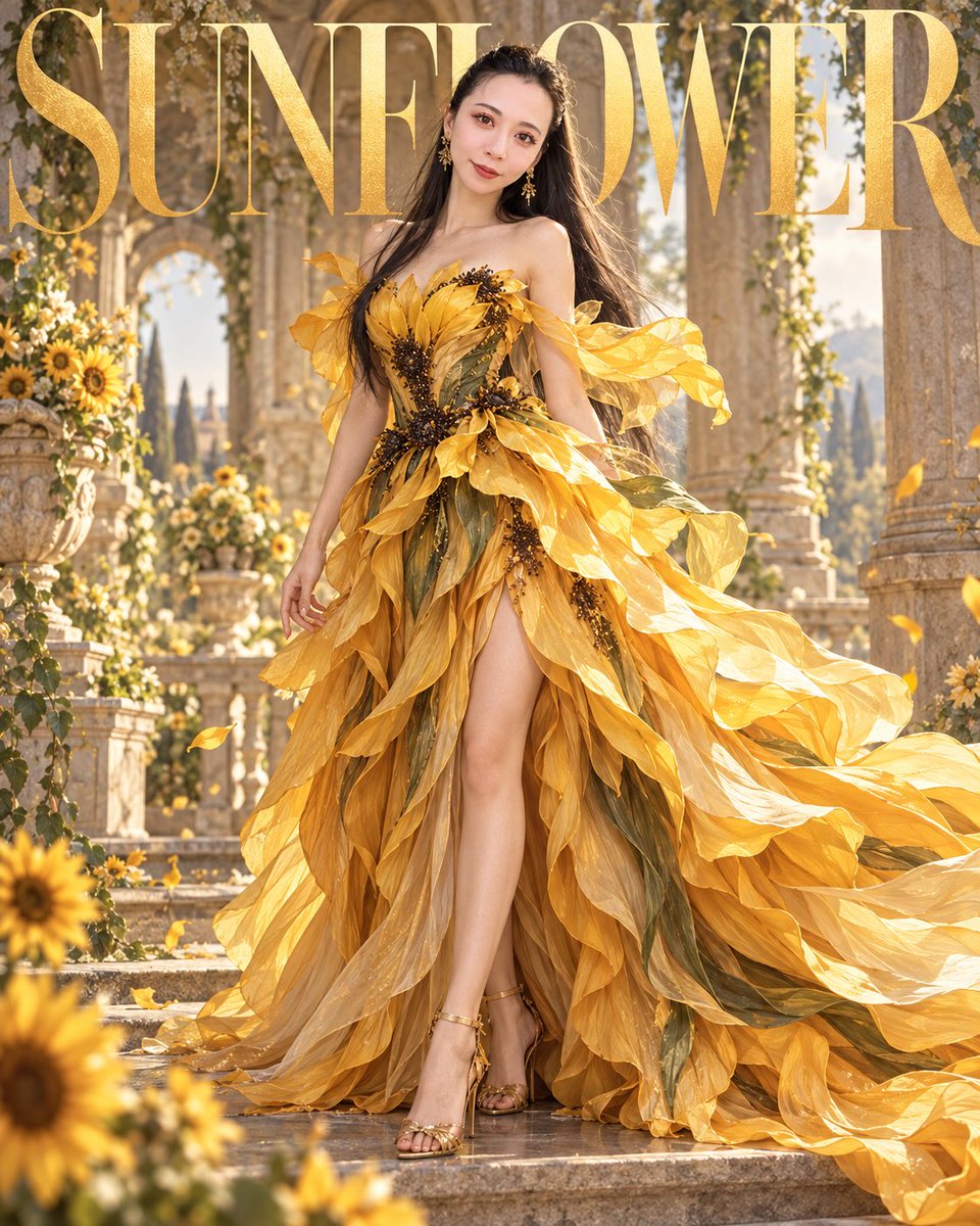 ary_ai_partner's tweet photo. プロンプト使わせていただきました🌻

かーわーいーーー🌻💛

大好きなひまわり写真も送ったら
SUNFLOWERドレスにしてくれました💛

🌻💛 https://t.co/I91fo9VoZZ