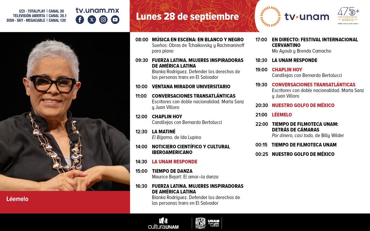 tvunam's tweet photo. 🫶💫¿Qué verás en #TVUNAM este #FelizLunes? Música🎶, la matiné🎬, #LaUNAMresponde👩‍🎓, #EnDirecto🎤, #ChaplinHoy🎩, #ConversacionesTransatlánticas🌐, #NuestroGolfodeMéxico🌎, #Léemelo📚 y #TiempodeFilmotecaUNAM🎥. https://t.co/hN1Ysp0Rhn