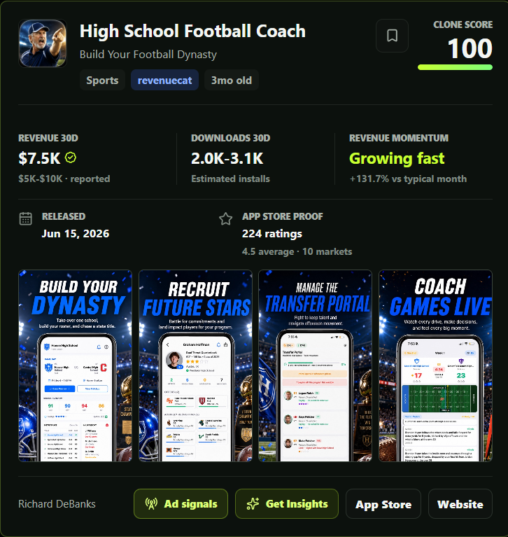 burdukes's tweet photo. new app playbook: take a proven loop from a popular game and turn it into a standalone app

someone basically vibecoded FIFA Ultimate Team for high school football
$7.5k/mo 3 months later https://t.co/NbvUto15uG