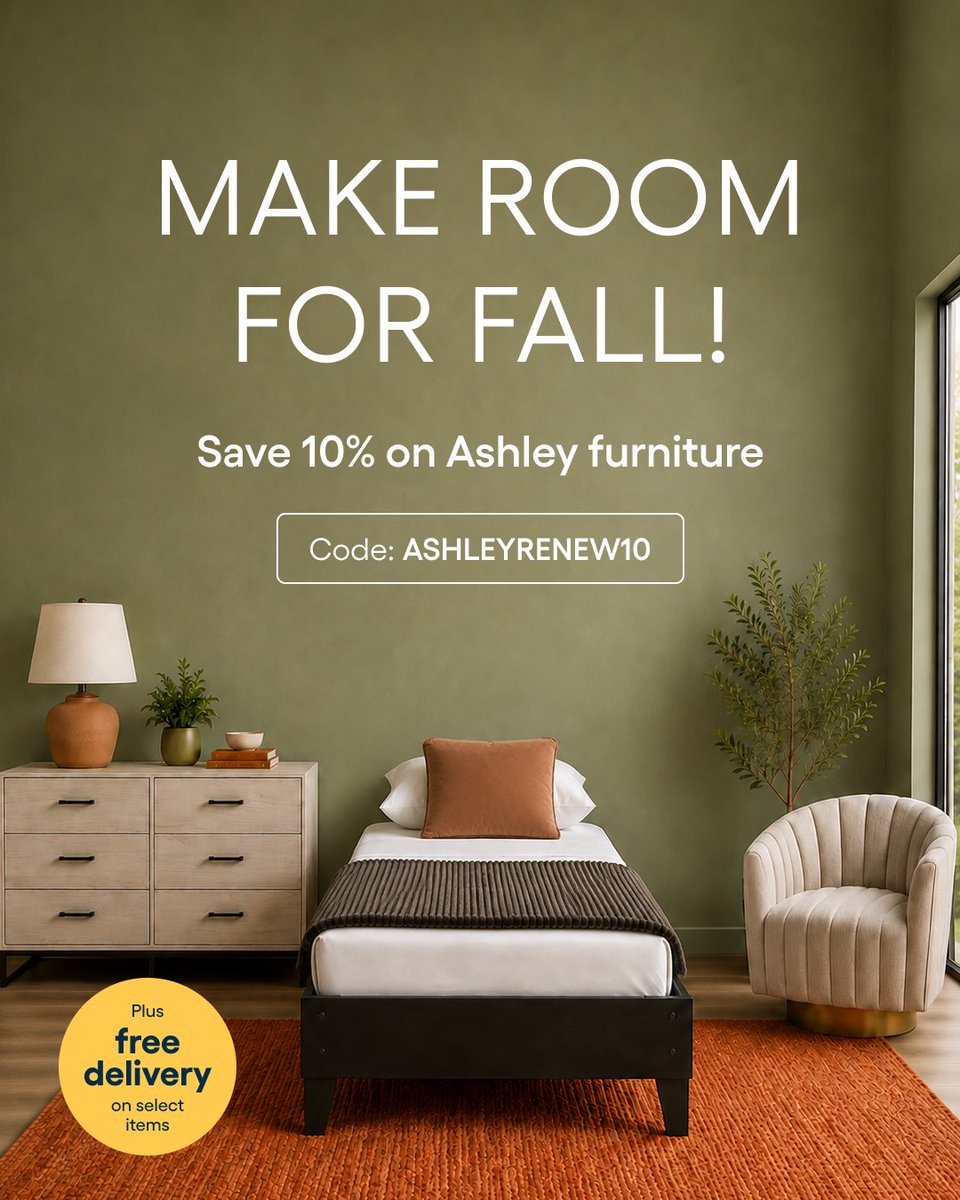 MySnapFinance's tweet photo. 🍂 New season, new setup. 

Make room for cozy fall days with 10% off Ashley furniture &amp; mattresses + FREE delivery on select Casaveh items. Use code ASHLEYRENEW10 and give your space a seasonal refresh: https://t.co/Y1MtST4KM2

#SnapMarketplace #AshleyFurniture #Furniture https://t.co/eS7MLlz0lL