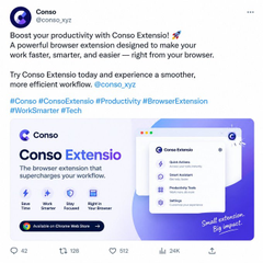mincrypto99's tweet photo. #Conso #ConsoExtensio #Productivity #BrowserExtension #WorkSmarter #Techpowerful browser extension designed to make your workflow faster, smarter, and easier — right from your browser.  Try Conso Extensio today and experience a smoother way to work.
@conso_xyz https://t.co/guasH7bIpZ