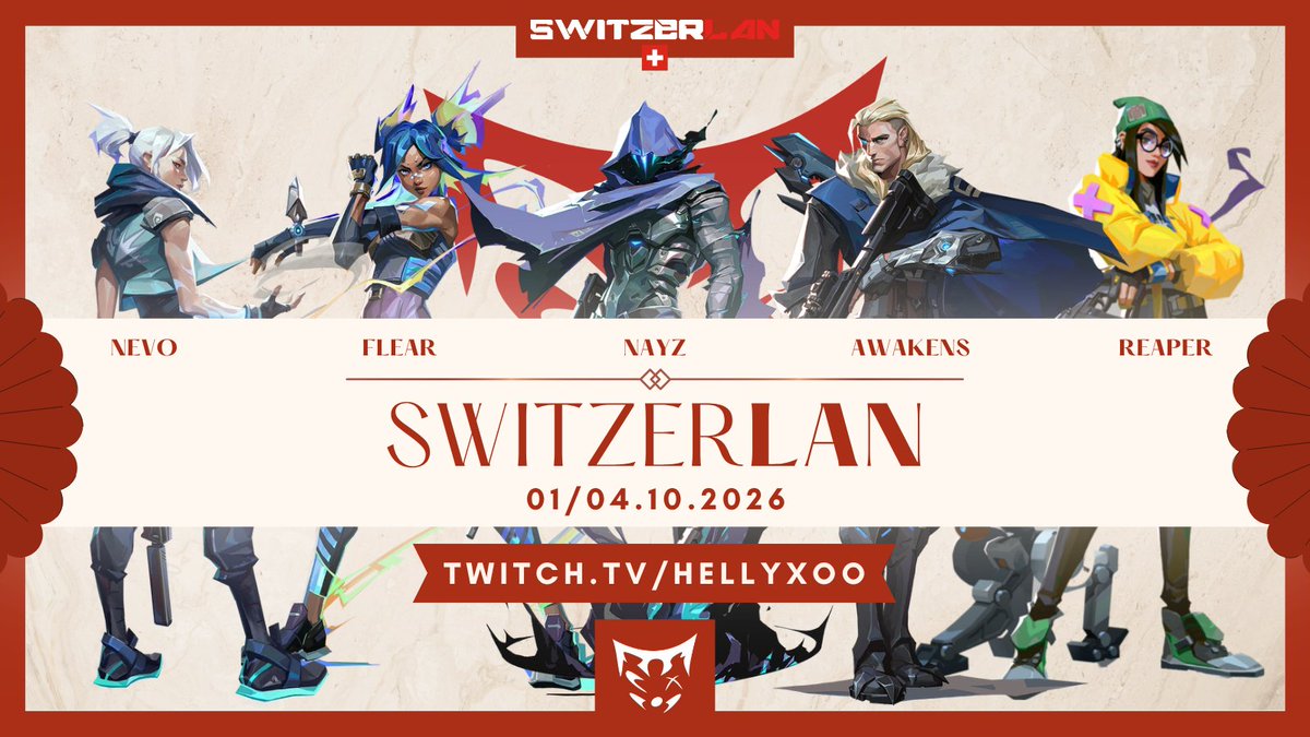 HLX_esport's tweet photo. Voici notre roster qui portera nos couleurs à la #switzerLAN du 1er au 4 octobre 2026 !

⚔️ @nevovl  - Duelliste 
🃏  @flearvlr  - Flex 
💨 @nayzvl  - Smoker
👁️ @awakensvl  - Reveal / IGL
🛡️ @reaper7vlr  - Sentinel

🎙️ Cast : @hellyxo0 
🔗 https://t.co/iQqSdNcVwL https://t.co/jyQgUxahPV