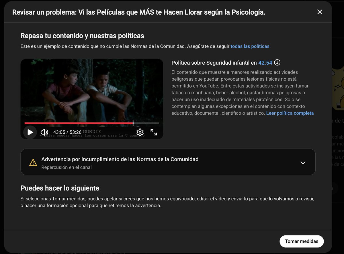 MarmotaYoutube's tweet photo. Querido: @YouTubeLATAM @TeamYouTube 

Me retiraron un video por este motivo: No existe NINGÚN daño a la seguridad infantil... curiosamente es un pequeño CLIP de la película Stand By Me que trata sobre amigos ayudándose, en un video de películas lindas que te hacen llorar. 

Ayuda https://t.co/VAyqTcP09P