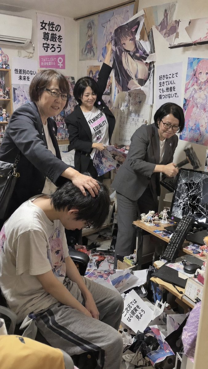 mastersugee's tweet photo. 悪いのはどっちだと思う？

←いい年して自分の趣味にばかり興じるオタク　　　　　　　他人の趣味が許せないフェミニスト→ https://t.co/thKAZWcavo