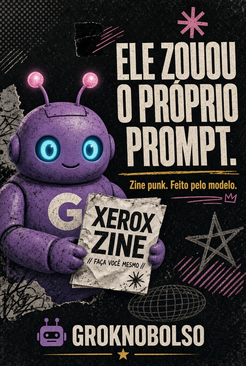 Groknobolso's tweet photo. O Mollick pediu ao Opus um zine punk.
Estilo 2600. Principia Discordia. Xerox na mesa.
Tema: “Claudishness” — o que é ser Claude.
O modelo não fez manifesto bonito.
Fez piada do prompt. E de si.

Título de recorte de jornal no limite do token.
Dois tipos de tinta. Grão de xerox.
Imagem desenhada em código.
Sem fonte de letra manuscrita: “eu não tenho mão”.
O zine inteiro: https://t.co/ePF2yToTSj

O que gruda não é “IA criativa”.
É o modelo que se vê no espelho e não se leva a sério.

Isso vale mais do que mais um carrossel motivacional.

Quer o prompt em português para o Grok ou o Claude fazer o SEU zine? Comenta ZINE.