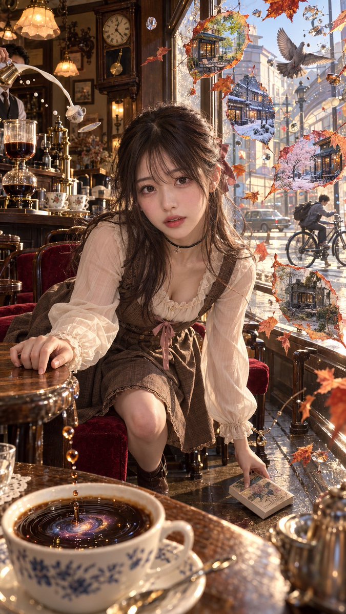 mina_pinkdays's tweet photo. 本を落とした彼女と、ふと目が合った。

その瞬間——
彼女以外の時間が全部止まった。

一期一会って、こういうことやったっけ。☕🍂

よく見るとコーヒーの中までおかしい。

#一期一会 #AI美女 #レトロガーリー #純喫茶 #AIart https://t.co/jiQEBdRmRt