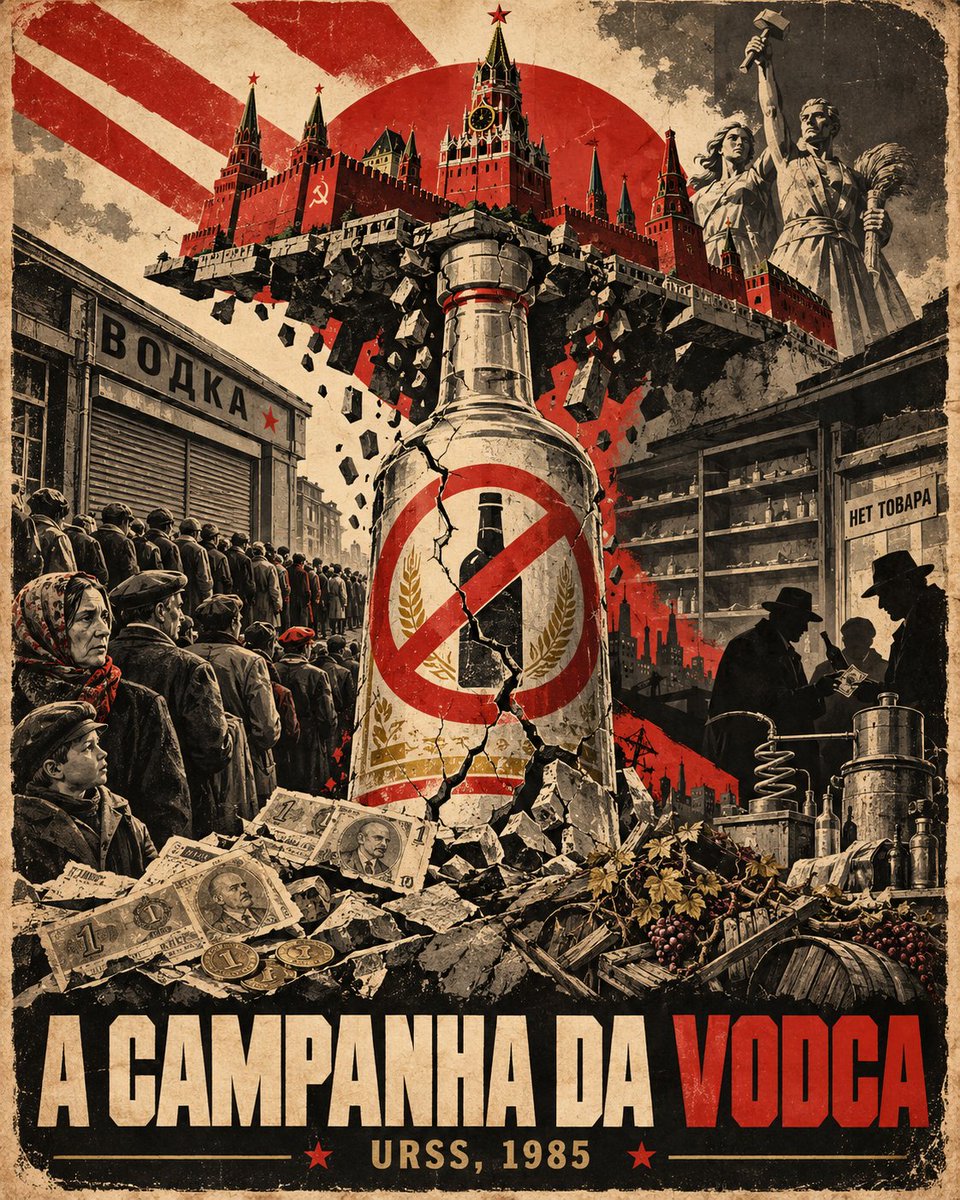 leandroruschel's tweet photo. Sobre essa proibição das bets, me lembrei de algo que ocorreu na URSS e a que muita gente atribui o colapso do sistema:
Em maio de 1985, dois meses depois de assumir, Gorbachev lançou uma campanha contra o alcoolismo. O objetivo era nobre: a vodca destruía a saúde da população e a produtividade das fábricas. O método era soviético: proibir.
A produção estatal de vodca foi cortada, a maioria das lojas de bebida fechou e a venda ficou restrita a cinco horas por dia. Filas quilométricas, brigas na porta das lojas, e o povo apelidou o líder de "Secretário da Água Mineral".
A demanda não sumiu. Migrou. Os soviéticos passaram a destilar em casa (o famoso samogon), e o açúcar desapareceu das prateleiras do país inteiro. Um terço dos vinhedos da União Soviética foi arrancado. E quem passou a abastecer o mercado foi o crime organizado, que chegou rico e estruturado aos anos 1990.
Mas o pior foi o cofre. O monopólio da vodca era uma das maiores fontes de receita do Estado soviético. O rombo, somado à queda do petróleo, foi coberto com impressão de dinheiro. Numa economia de preços tabelados, isso não gerou aumento de preço: gerou prateleira vazia. O povo tinha rublos no bolso e nada para comprar.
Em três anos o Kremlin recuou. O próprio Gorbachev admitiu depois que a execução foi um erro. A expectativa de vida masculina subiu, sim, mas o Estado que vivia do vício quebrou junto.
Por isso muita gente, incluindo historiadores e economistas sérios, aponta a campanha da vodca como o catalisador do fim do regime. Não foi a causa única. Mas foi ela que puxou o tapete financeiro do Estado no pior momento possível, sem petróleo, sem receita e com a máquina de imprimir rublos ligada, além de ter aumentado a rejeição popular. A URSS já estava doente. A proibição acelerou o enterro.
