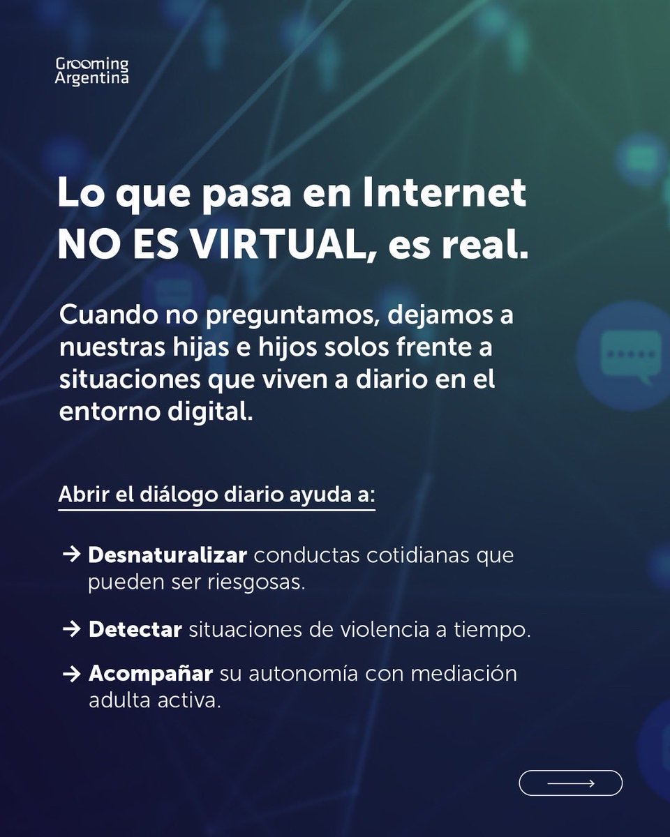 GroomingArg's tweet photo. 💬 LA SEGURIDAD DIGITAL EMPIEZA CON UNA PREGUNTA

🗣️ A diario, les preguntamos a nuestras hijas e hijos sobre la escuela o el club, pero nos olvidamos de indagar sobre lo que viven día a día a través de las pantallas. Lo que pasa en #Internet, también tiene impacto directo en sus vidas y requiere de nuestra presencia.

💡 No necesitamos ser expertos en tecnología para acompañar. Necesitamos preguntar.

📚 Encontrá herramientas prácticas para afrontar los desafíos de la crianza digital en "¿Cómo te fue hoy en Internet?", el libro del Dr. @hernangnavarro, Director Ejecutivo de Grooming Argentina. 

📲 Podés conseguir tu ejemplar en todas las librerías del país o ingresando acá: https://t.co/TrQaYkXhZ2