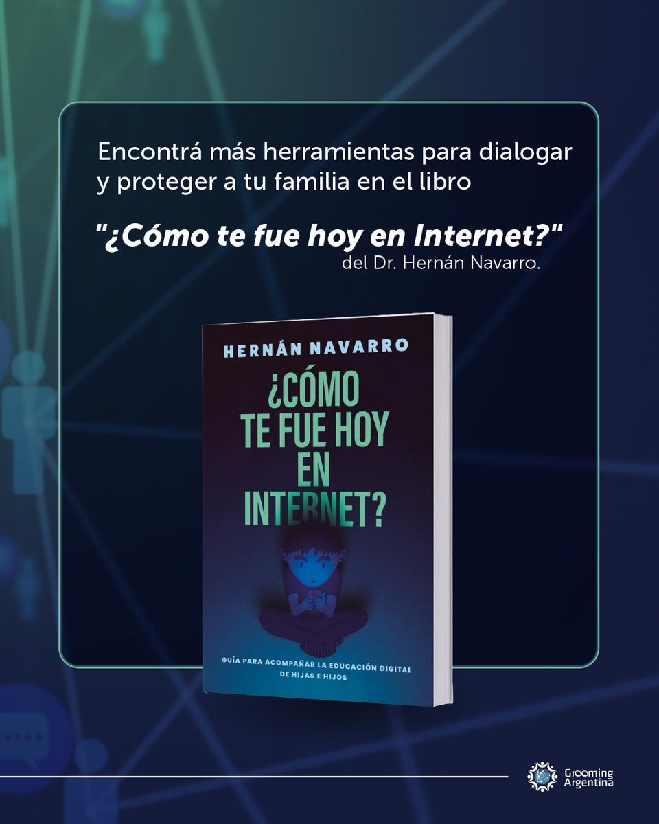 GroomingArg's tweet photo. 💬 LA SEGURIDAD DIGITAL EMPIEZA CON UNA PREGUNTA

🗣️ A diario, les preguntamos a nuestras hijas e hijos sobre la escuela o el club, pero nos olvidamos de indagar sobre lo que viven día a día a través de las pantallas. Lo que pasa en #Internet, también tiene impacto directo en sus vidas y requiere de nuestra presencia.

💡 No necesitamos ser expertos en tecnología para acompañar. Necesitamos preguntar.

📚 Encontrá herramientas prácticas para afrontar los desafíos de la crianza digital en "¿Cómo te fue hoy en Internet?", el libro del Dr. @hernangnavarro, Director Ejecutivo de Grooming Argentina. 

📲 Podés conseguir tu ejemplar en todas las librerías del país o ingresando acá: https://t.co/TrQaYkXhZ2