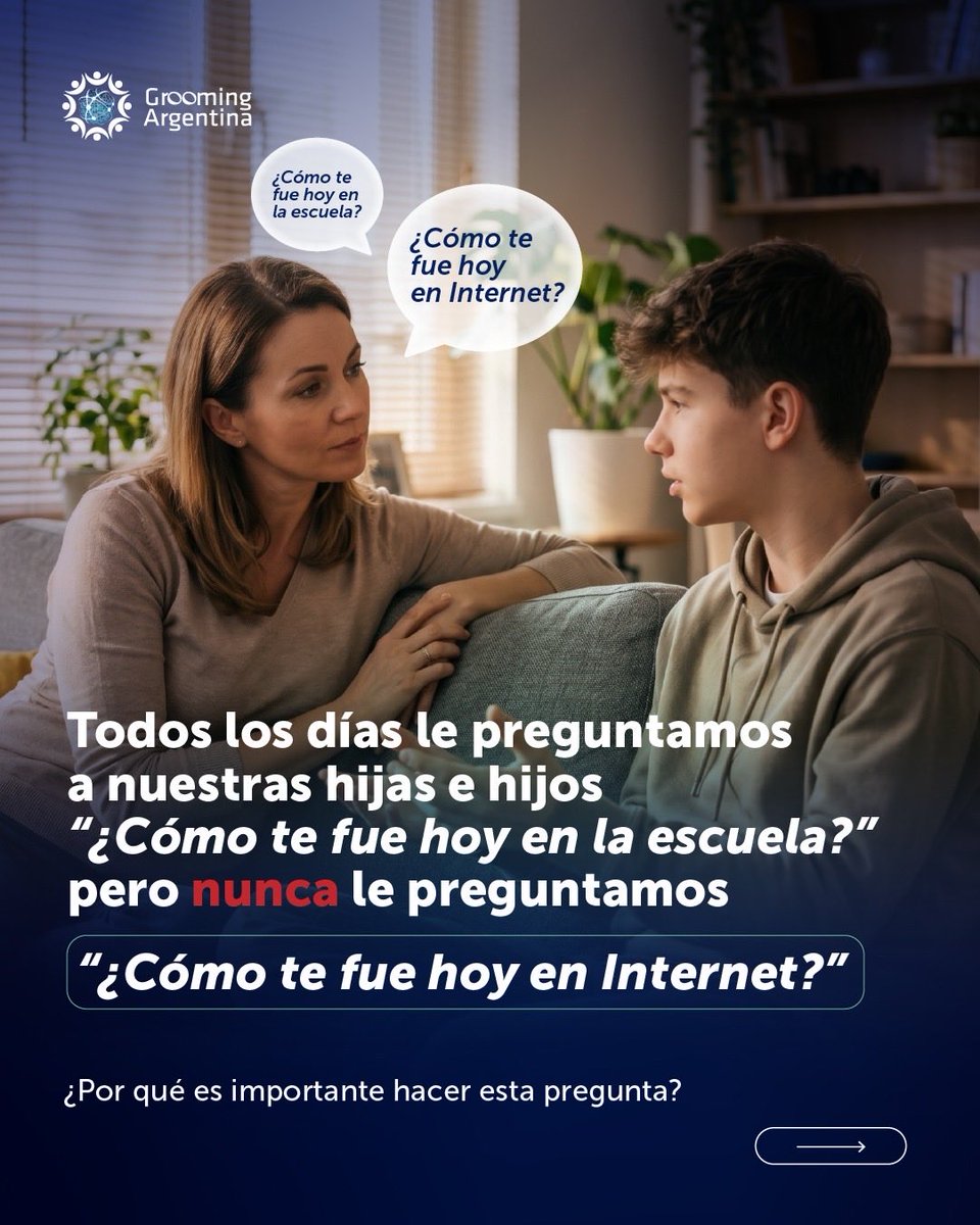 GroomingArg's tweet photo. 💬 LA SEGURIDAD DIGITAL EMPIEZA CON UNA PREGUNTA

🗣️ A diario, les preguntamos a nuestras hijas e hijos sobre la escuela o el club, pero nos olvidamos de indagar sobre lo que viven día a día a través de las pantallas. Lo que pasa en #Internet, también tiene impacto directo en sus vidas y requiere de nuestra presencia.

💡 No necesitamos ser expertos en tecnología para acompañar. Necesitamos preguntar.

📚 Encontrá herramientas prácticas para afrontar los desafíos de la crianza digital en "¿Cómo te fue hoy en Internet?", el libro del Dr. @hernangnavarro, Director Ejecutivo de Grooming Argentina. 

📲 Podés conseguir tu ejemplar en todas las librerías del país o ingresando acá: https://t.co/TrQaYkXhZ2