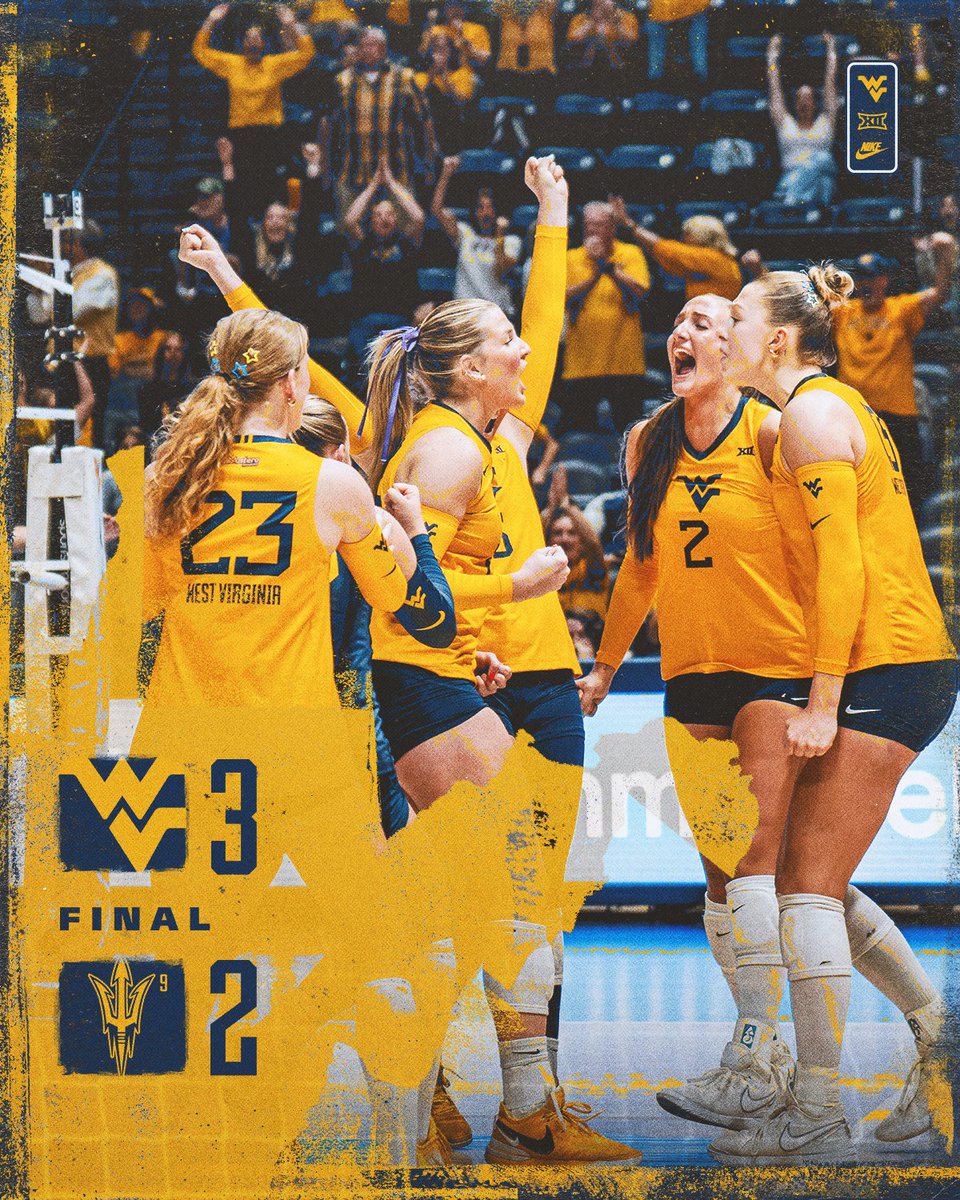 WVUVolleyball's tweet photo. CUE COUNTRY ROADS 🎶

Mountaineers storm back for the 𝙃𝙄𝙂𝙃𝙀𝙎𝙏-𝙍𝘼𝙉𝙆𝙀𝘿 win in program history with a victory over No. 9 Arizona State!

#HailWV https://t.co/bxV3eGOfLM