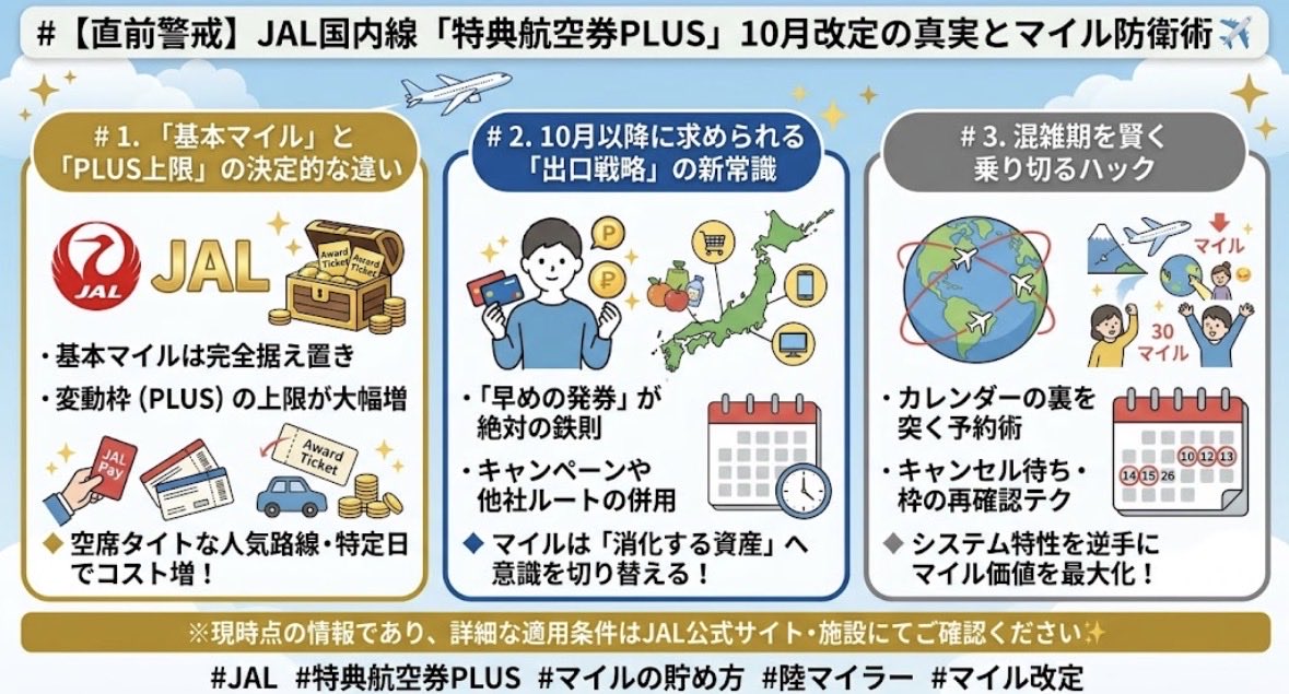 gk33984's tweet photo. ## 【直前警戒】JAL国内線「特典航空券PLUS」10月改定の真実とマイル防衛術 ✈️

まもなく10月を迎えるにあたり、マイルユーザーにとって見逃せない重要ルールが迫っています。JAL国内線特典航空券（PLUS）の必要マイル数改定が10月1日発券分から適用される直前。今回の変更の本質と、今後マイルを目減りさせずに使い切るための防衛策を紐解きます。

---

📌 **1. 「基本マイル」と「PLUS上限」の決定的な違い**
*   **基本マイルは完全据え置き**：空席がある場合のベースとなる基本マイル数自体は変更なし。
*   **変動枠（PLUS）の上限が大幅増**：混雑便や直前予約で必要となる追加マイル（上限枠）が最大7,500マイルほど引き上げられる形に。
👉 **結論**：空席状況がタイトな人気路線や特定日において、マイルの消費コストがこれまで以上に跳ね上がる構造になります。

---

📌 **2. 10月以降に求められる「出口戦略」の新常識**
*   **「早めの発券」が絶対の鉄則**：改定が適用される10月1日発券の前に、予定できるフライトは前倒しで押さえておくのが吉。
*   **キャンペーンや他社ルートの併用**：マイル増量キャンペーン等も活用しつつ、一極集中させないポートフォリオを意識。
👉 **結論**：マイルは「ただ貯める貯金箱」から「インフレに備えて計画的に消化する資産」へと完全に意識を切り替えるフェーズです。

---

📌 **3. 混雑期を賢く乗り切るハック**
*   **カレンダーの裏を突く予約術**：金曜夜や日曜夕方などのピークを外し、前後の便や曜日をズラすだけでPLUSの追加マイルを最小限に抑制。
*   **キャンセル待ち・枠の再確認**：満席表示であっても、直前の変動タイミングで基本マイル枠が復活する挙動を丁寧に拾うテクニック。
👉 **結論**：システム特性を逆手に取ったロジカルな動線確保が、実質的なマイル価値を最大化させます。

---

💡 **まとめ**
10月改定の波に飲み込まれないために、今一度スケジュールを見直し、賢くマイルを消化・防衛する立ち回りを徹底していきましょう✨

#JAL #特典航空券PLUS #マイルの貯め方 #陸マイラー #マイル改定