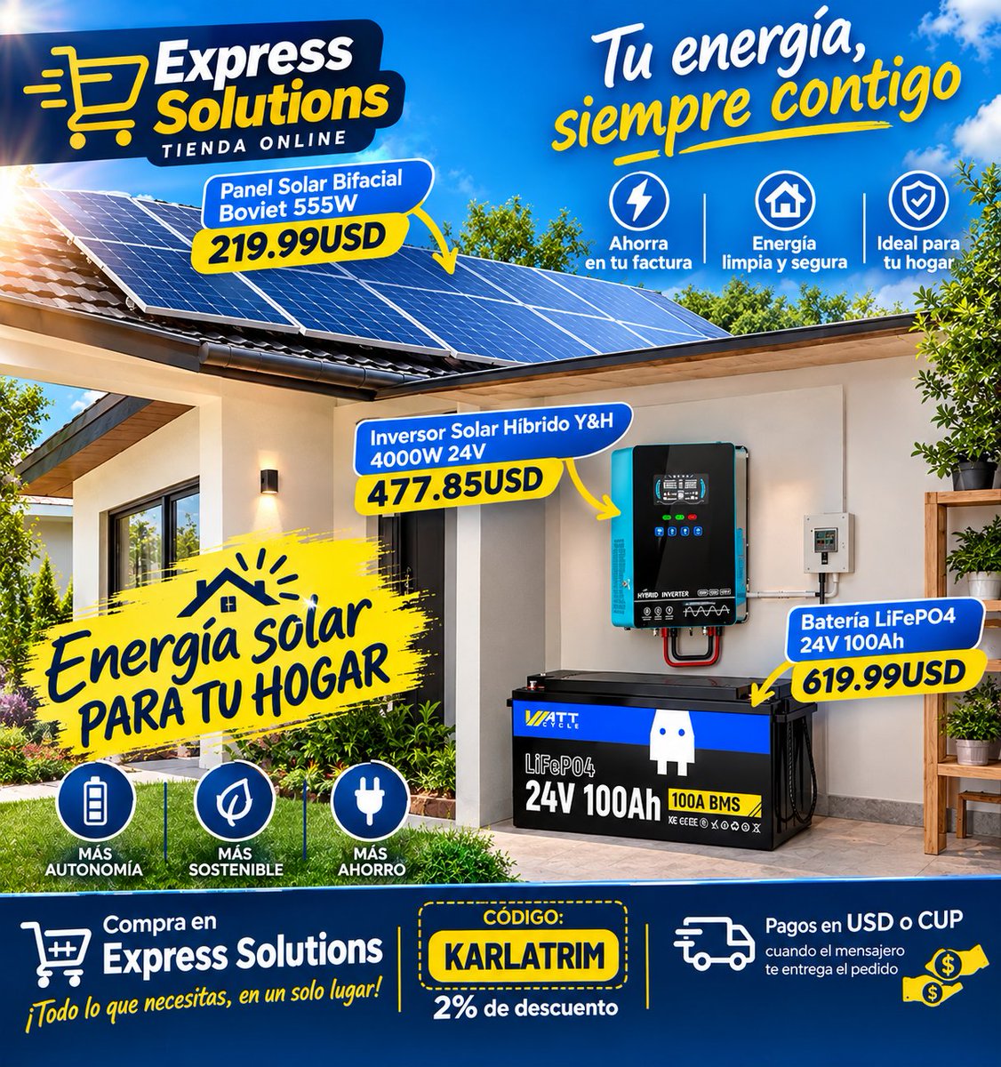 JabaleraShop's tweet photo. ☀️🔋 ¡Dale energía a tu hogar! Paneles solares + batería + inversor. ⚡

🛒 Compra ahora: https://t.co/jfJA9tdbaU
🏷️ Usa KARLATRIM y obtén 2% de descuento.

#EnergíaSolar #PanelesSolares #Energía #ExpressSolutions #KARLATRIM https://t.co/dPoJBFYaeR