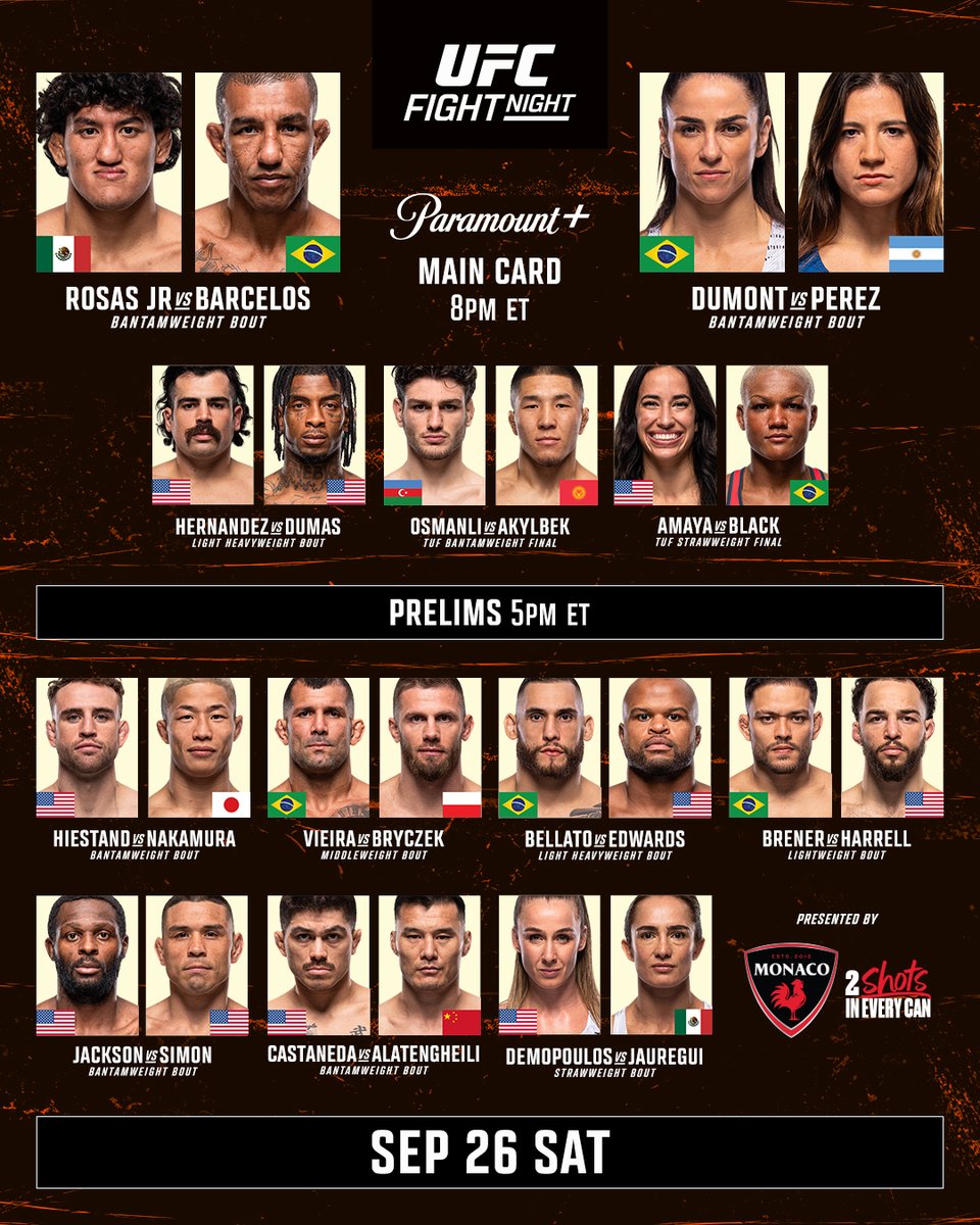 A Las Vegas Fight Night!

B2YB: @​DrinkMonaco 

[ #UFCVegas121 | SEP 26 | 8pmET | LIVE on @​ParamountPlus ] 
 [📷](https://pbs.twimg.com/media/HTGgyGUbwAItepV.j