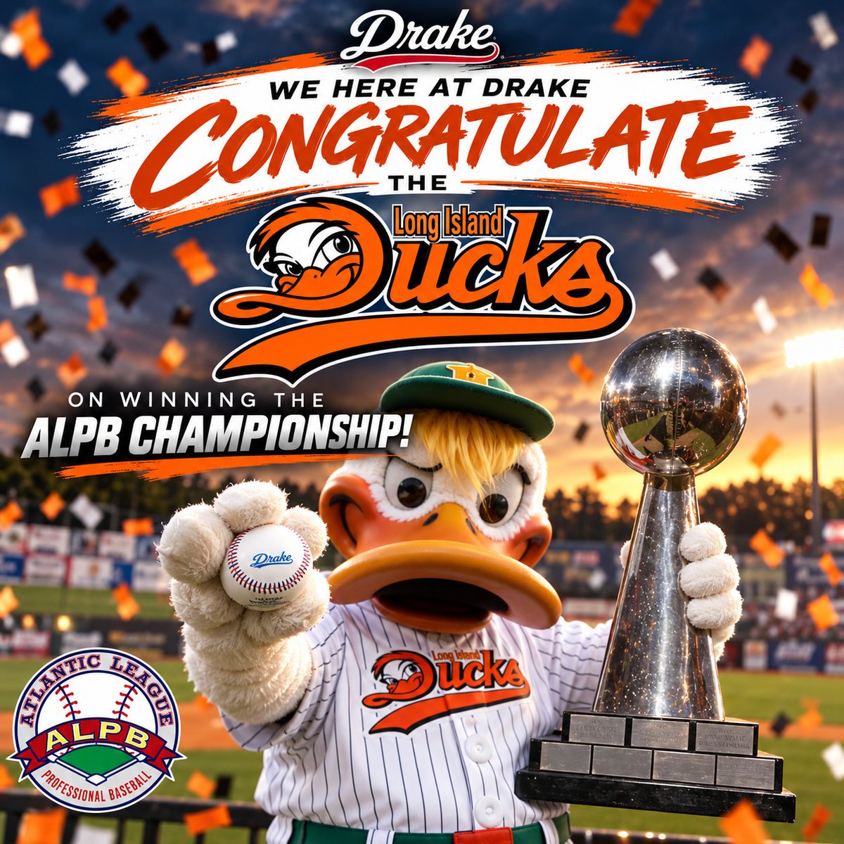 drakebaseball_'s tweet photo. Congratulations to the @LIDucks on winning the 2026 @AtlanticLg Championship and bringing home the Boulton Trophy!!! 

Drake Baseball is proud to be part of the game! 

#DrakeBaseball #LongIslandDucks #ALPB #AtlanticLeague #Champions https://t.co/Pd4voau79T