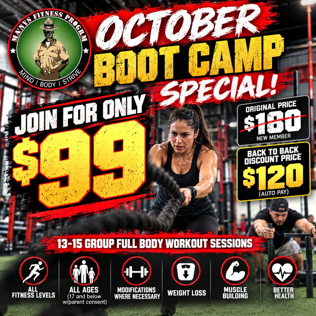 mfpbootcamp's tweet photo. 🔥 OCTOBER BOOT CAMP SPECIAL — ONLY $99! 🔥

Ready to get stronger, lose weight, build muscle, and improve your overall health? Join Mannys Fitness Program for October!

💥 New Members: ONLY $99 — Regularly $180
💪 Back-to-Back Members: $120 with Auto Pay
🏋️ 13–15 full-body https://t.co/F4Ku3rLwmw