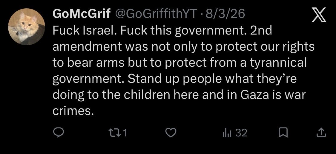 Unanimous84's tweet photo. @GoGriffithYT This government. 2nd amendment. Protection from tyrannical government. Stand up for what they’re doing. 

You’re a terrorist by definition. https://t.co/ffqYlrqfXI