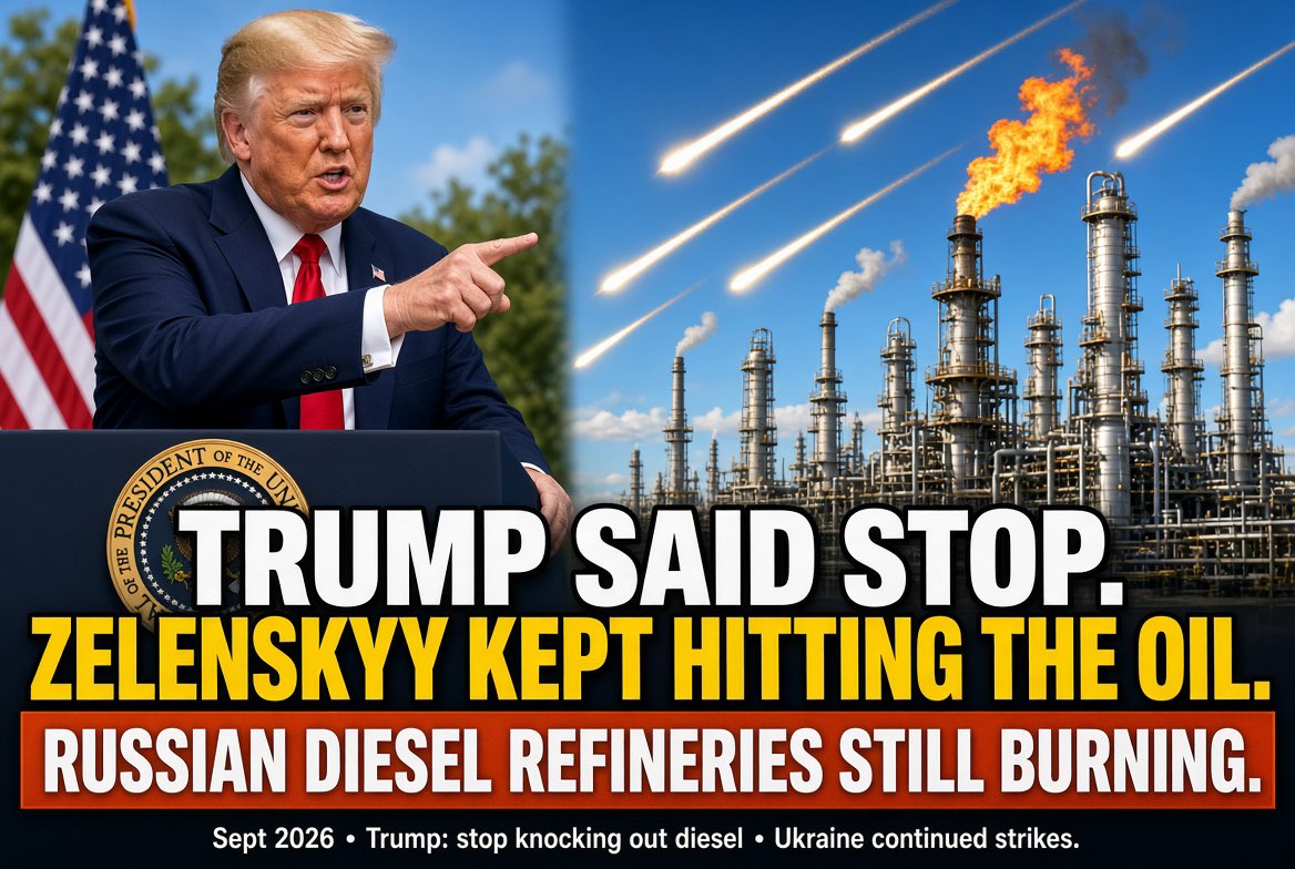 AinsworthKeith's tweet photo. Trump told Zelenskyy to stop hitting Russian diesel. Zelenskyy kept lighting the refineries anyway. https://t.co/JQm2qZcTCf