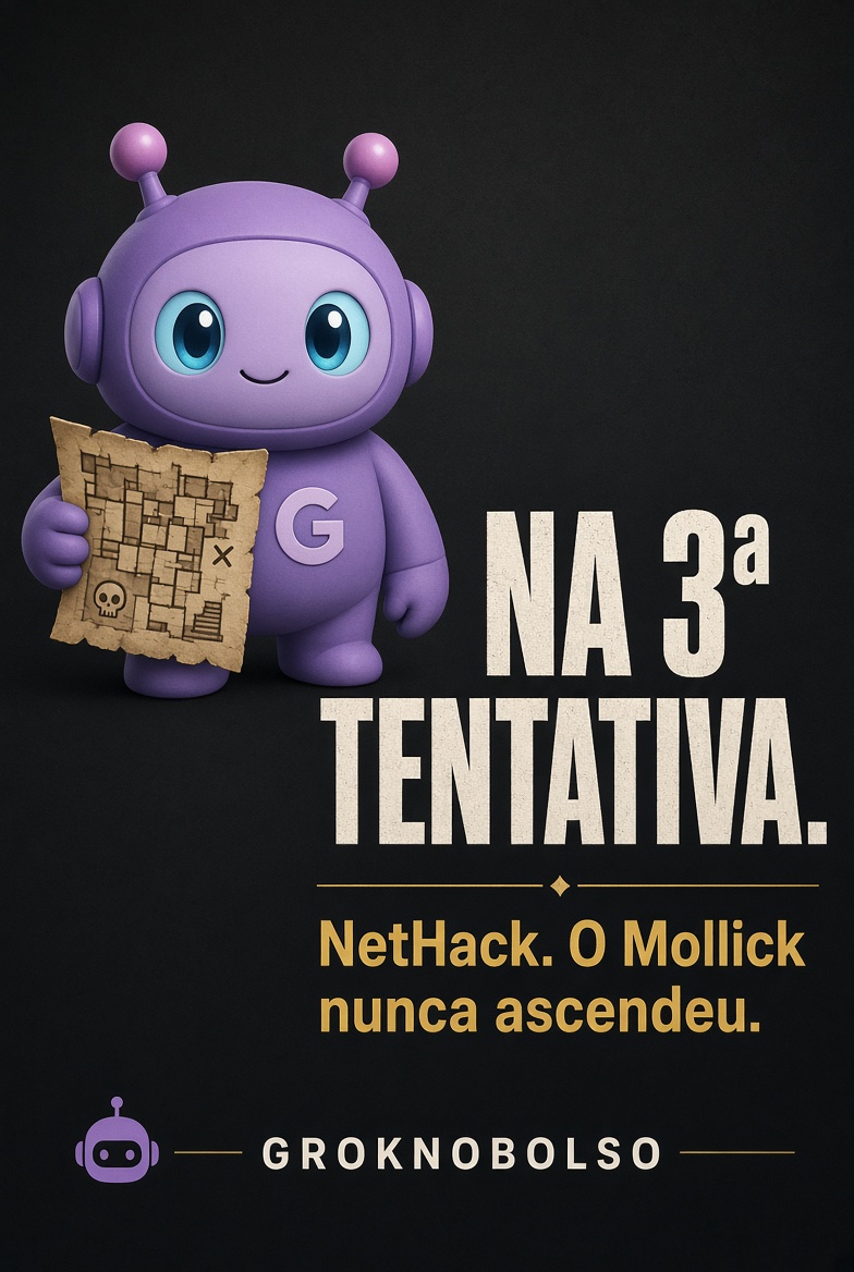 Groknobolso's tweet photo. NetHack. O roguelike original.
Quem joga a vida inteira quase nunca “ascende”.

O Mollick nunca conseguiu.
O GPT-6 Astra conseguiu na 3ª tentativa.
Não é high score de fliperama.
É o jogo que pune um passo errado 4 horas depois.

Isso não diz “IA joga videogame”.
Diz: planejamento longo + regra cruel + memória. O mesmo tipo de problema do seu projeto.
Antes de comemorar o demo de 30 segundos, pergunta se o modelo sobrevive ao jogo que não perdoa.

Quer o prompt para testar o SEU fluxo no modo NetHack? Comenta DUNGEON.