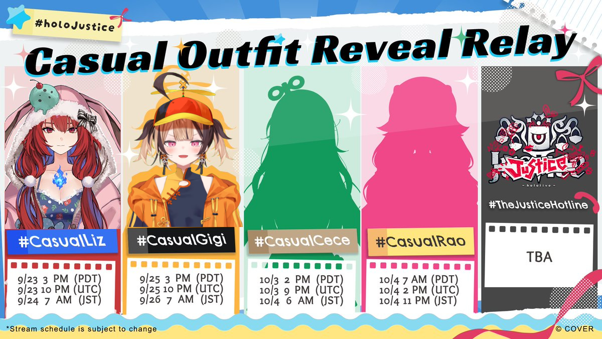 hololivetoday's tweet photo. Following Gigi's casual outfit reveal today, we have Cecilia coming in next week on Saturday, October 3!  

Elizabeth: 9/23 - 3 PM (PDT) ✅
Gigi: 9/25 - 3 PM (PDT) ✅
Cecilia: 10/3  - 2 PM (PDT) 
Raora: 10/4 - 7 AM (PDT)  

#CasualLiz #CasualGigi #CasualCece #CasualRao #holoJustice #TheJusticeHotline