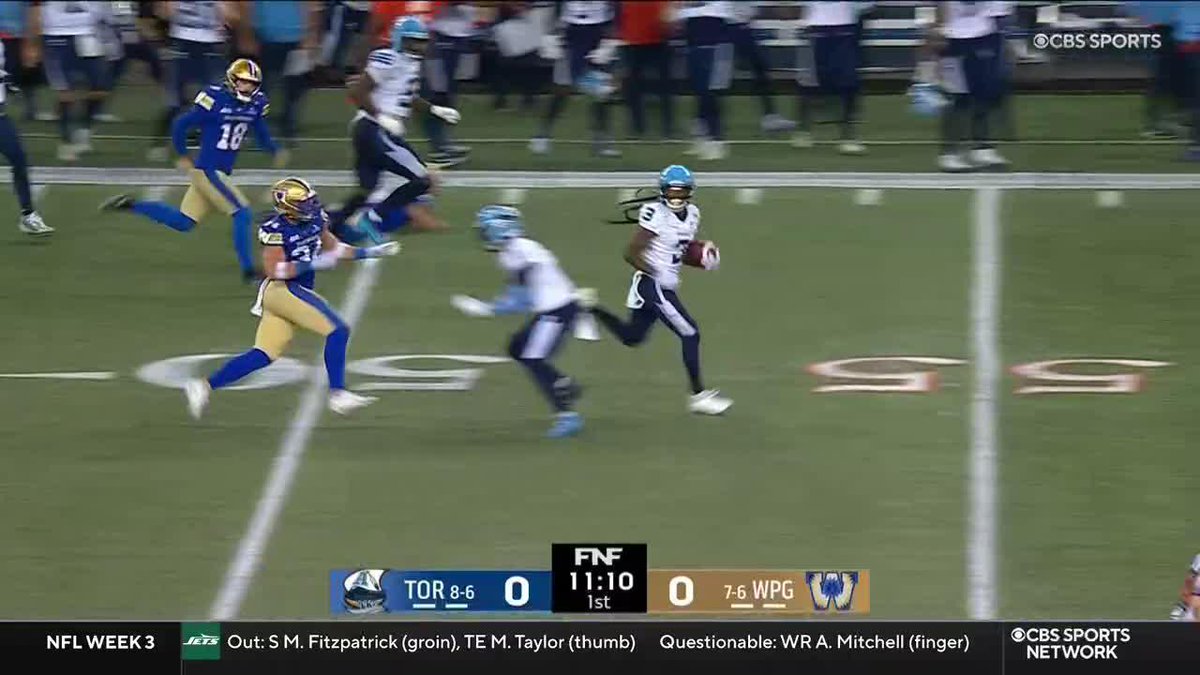 A CBS Sports broadcast screenshot from Friday Night Football showing a CFL game between Toronto (TOR 8-6) and Winnipeg (7-6 WPG), tied 0-0 at 11:10 in the 1st quarter, with NFL Week 3 injury ticker showing Out: S M. Fitzpatrick (groin), TE M. Taylor (thumb), and Questionable: WR A. Mitchell (finger).
