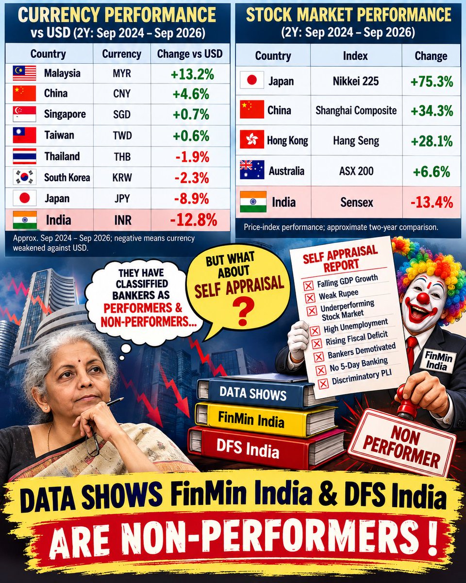bankaffairs's tweet photo. They have classified bankers as “performers” and “non-performers.”
#EqualPLI #5DayBanking 

But what about SELF-APPRAISAL? 🤡

If bankers are being judged by performance, let the same yardstick apply to those framing the policy.

Data should decide performance—not labels.

@FinMinIndia @DFS_India