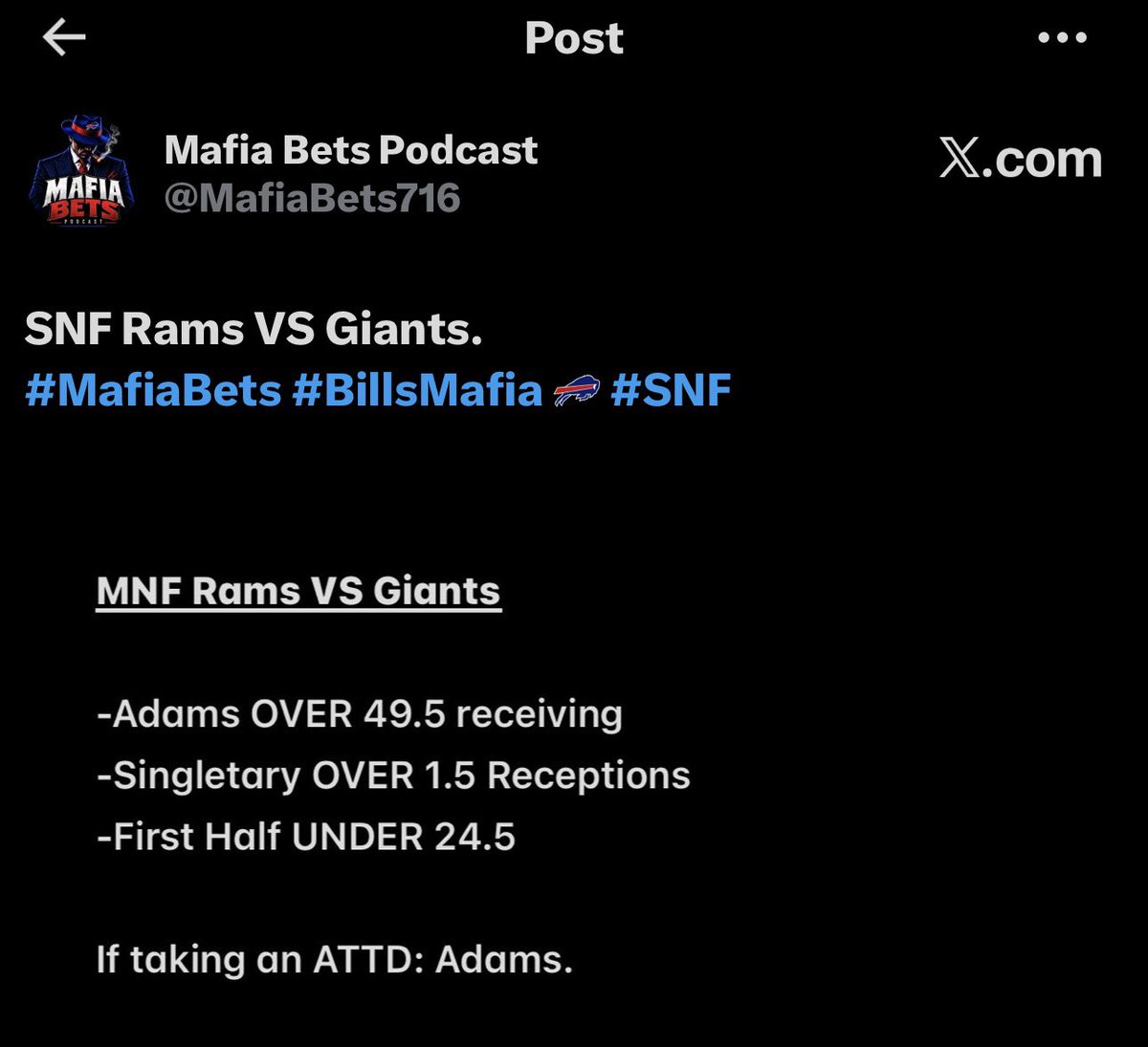 MafiaBets716's tweet photo. After back to back to back wildly profitable primetime games, week 3 of #MafiaBets comes at you live starting soon, 8:30 est on @OverreactionBuf 

https://t.co/6WQSi3nfdA https://t.co/xGOrYeXife