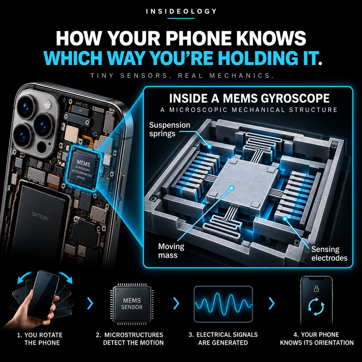 insideology's tweet photo. How your phone knows which way you’re holding it.
Inside your phone, tiny MEMS sensors track motion in real time.
The accelerometer senses gravity, while the gyroscope detects rotation, together helping your phone understand how it’s moving and oriented. https://t.co/oE6ChaHqyH