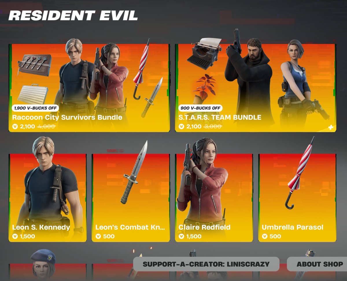 LinIsCrazy's tweet photo. Original Resident Evil skins are BACK! Let's give some bundles
🏆 2 winners

To enter:
✅ Follow me
🩷 Like
♻️ Retweet
💬 Comment what you love about the Resident Evil franchise or the skins!

Ends in 48 hours 🔥
Good luck, everyone! 🩷

Notes:
1. I will use the following rules: have a profile picture, >100 tweets (comments/replies count!), account older than 30 days, last tweet in the last 30 days, and 1 or more followers.
2. If you have porn/NSFW on your page, I reroll for the safety of my community.
3. Fortnite requires 48 hours of friendship before I can gift you.