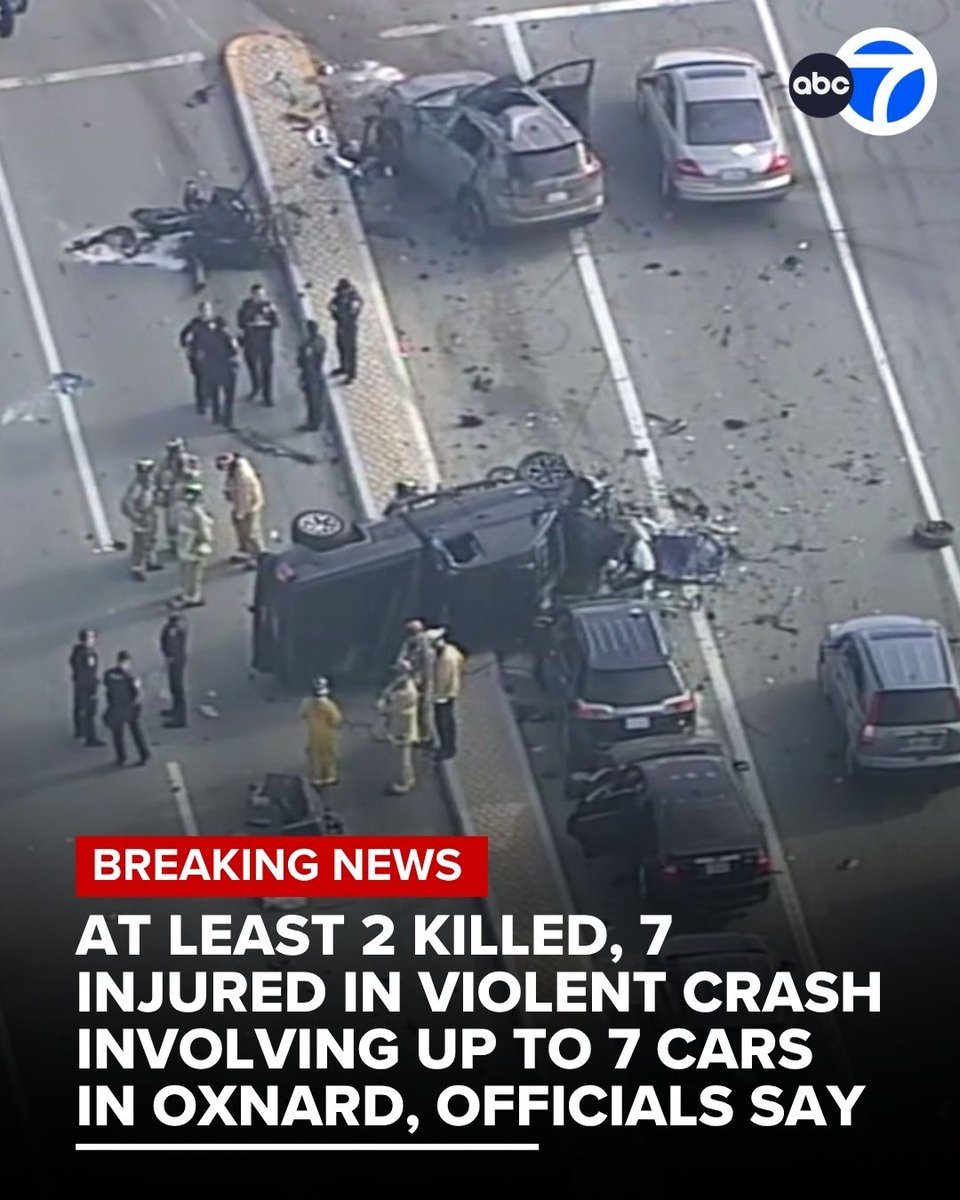 ABC7's tweet photo. #BREAKING: Two people were killed and seven others were injured in a violent crash that left wreckage scattered across an Oxnard roadway, authorities say. About six to seven cars were involved in the collision. https://t.co/zTJklim2cV https://t.co/pJ6eMVgwgL