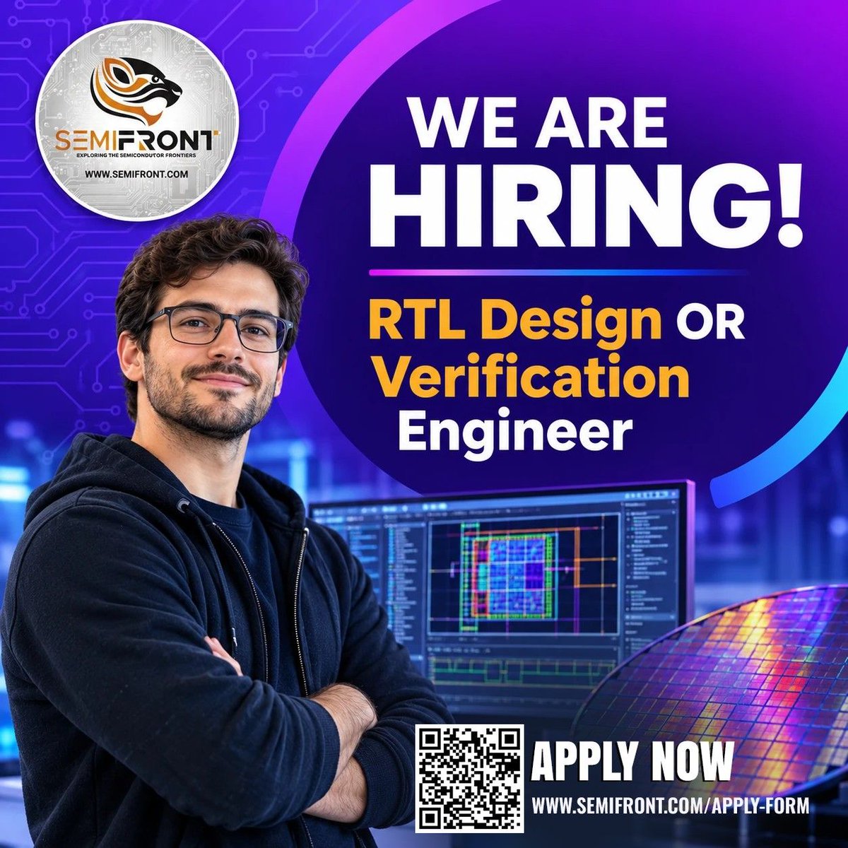 SemifrontTech's tweet photo. 🚀 We're Hiring! RTL Design &amp; Verification Engineers at Semifront. Love building silicon — from clean RTL to verified chips? Join our team.

Apply → https://t.co/gqGZFLXRST

#VLSI #ChipDesign #Hiring #Semiconductors #RTLDesign #Semifront https://t.co/dxrm7BhRej