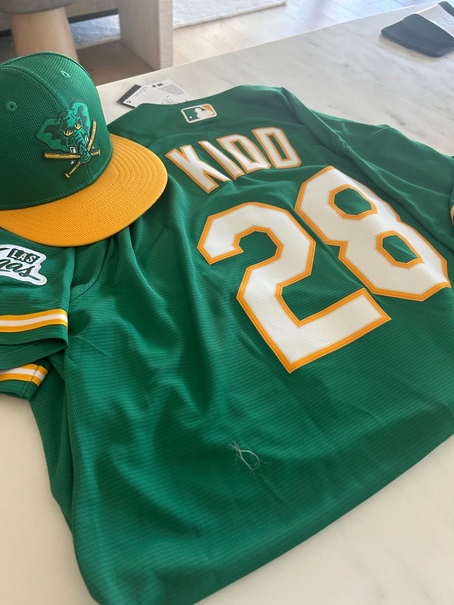 RealJasonKidd's tweet photo. Thank you to Kelsey Bannister and @LegendsGlobal_ for outfitting me with some brand new @Athletics threads with the Vegas patch. Countdown to 2028 is on! https://t.co/ZTFMKLreNT