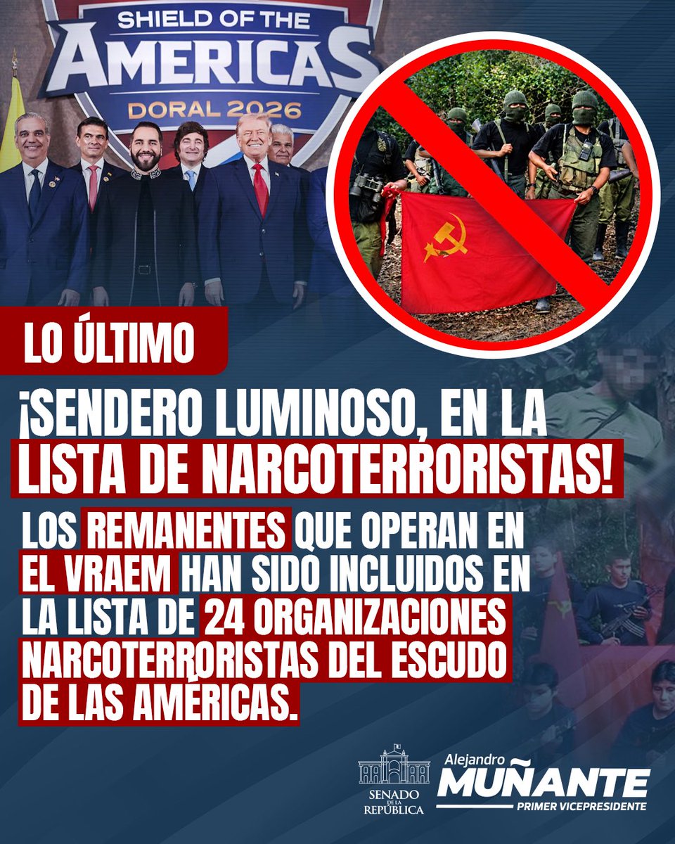 AlejoMunante's tweet photo. 🚨🇵🇪 #TerrorismoNuncaMás | Remanentes de Sendero Luminoso son incluidos en la lista de 24 organizaciones narcoterroristas del “Escudo de las Américas”, iniciativa de cooperación regional impulsada por Estados Unidos. 🇺🇸. 

La declaración fue suscrita por 15 gobiernos, incluido el Perú, y contempla acciones coordinadas contra estas organizaciones, según la legislación de cada país. Las medidas incluyen intercambio de inteligencia, cooperación policial, tecnología, capacitación y acciones financieras, como congelamiento de activos y restricciones migratorias y de visado.

La inclusión de Sendero Luminoso ocurre mientras sus remanentes operan en el VRAEM y mantienen vínculos con el narcotráfico, representando una amenaza que exige cooperación internacional y una respuesta firme del Estado. 👊

#EscudoDeLasAméricas #SeguridadNacional #Perú