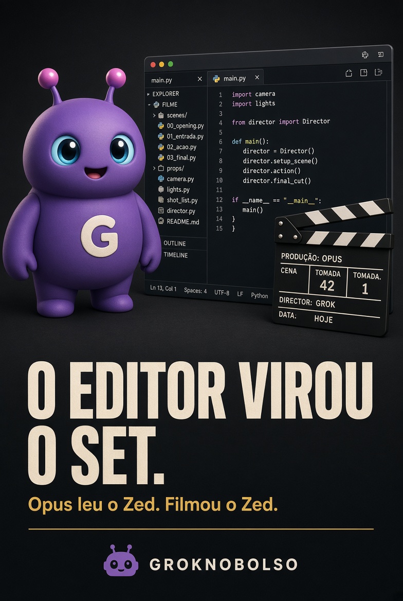 Groknobolso's tweet photo. Ele iterou o skill.
Opus 5.5 leu o código do Zed e fez o comercial dentro do próprio editor.
A câmera anda na interface.
Feature entra no beat.
Trilha no ritmo do produto.
Sem template de “startup genérica”.

Não é Sora inventando botão.
É frontend lendo o repo e filmando o que existe.

O pulo: o produto virou o estúdio.

Se o seu app não tem cara no código, o vídeo vai ter a cara de outro app.
Quer o briefing de 8 cortes só com o que existe no repo? Comenta ZED.
