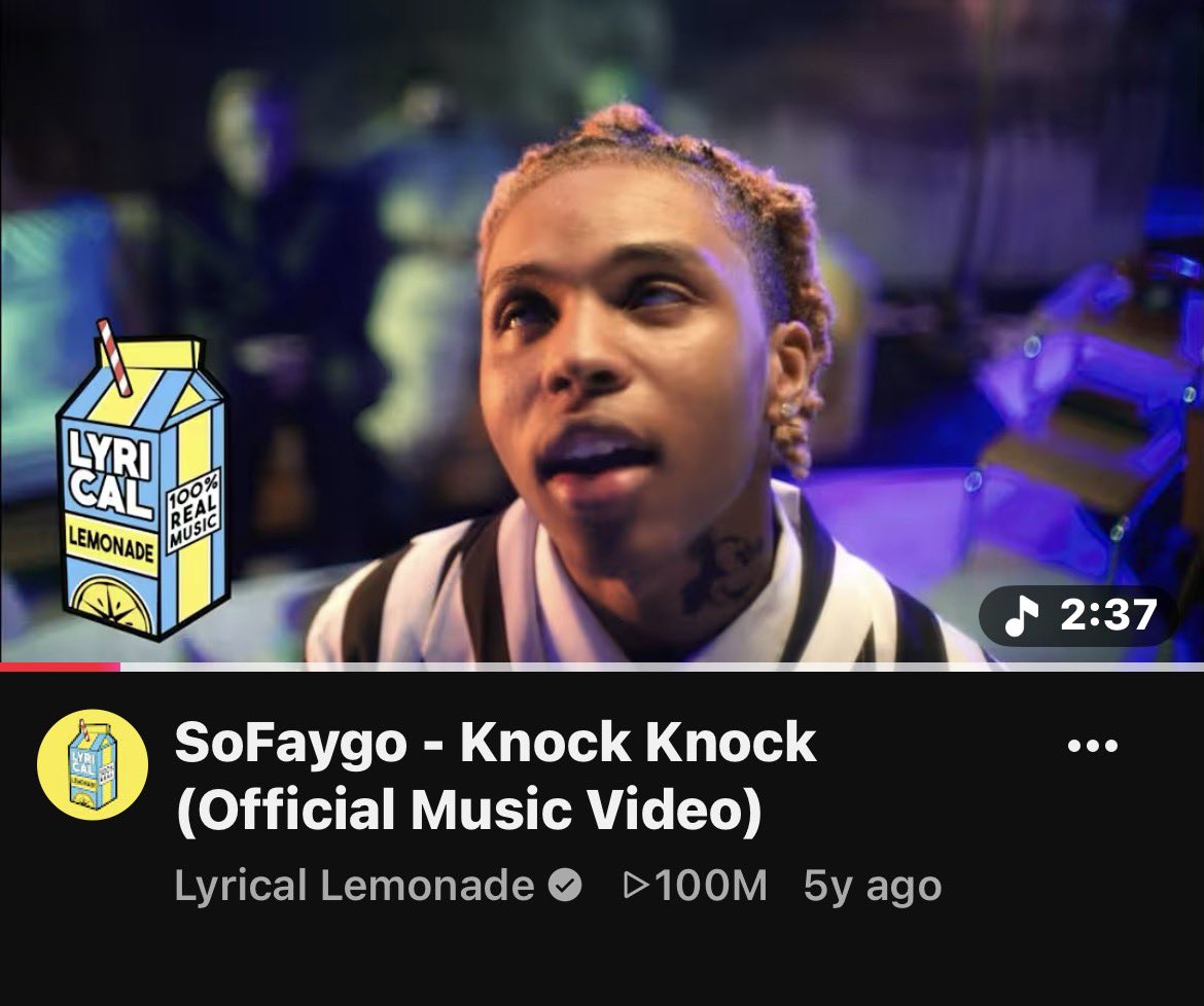 UnreleasedFaygo's tweet photo. The music video for SoFaygo’s smash hit “knock knock” has reached 100 million views on YouTube 📈

He now becomes the first rapper to come out of the 2020s underground rap scene to achieve this 🤯 https://t.co/rXCopIhPbn