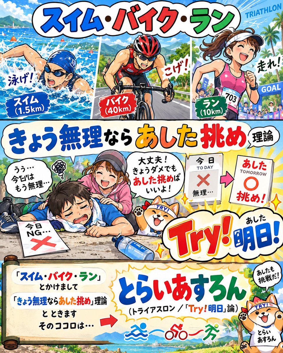 nazo_KAke002's tweet photo. なぞかけ#073

スイム·バイク·ラン
とかけまして
｢きょう無理ならあした挑め｣理論
とときます

そのココロは
とらいあすろん
(トライアスロン/｢Try！明日｣論) https://t.co/o71rP8qq9y