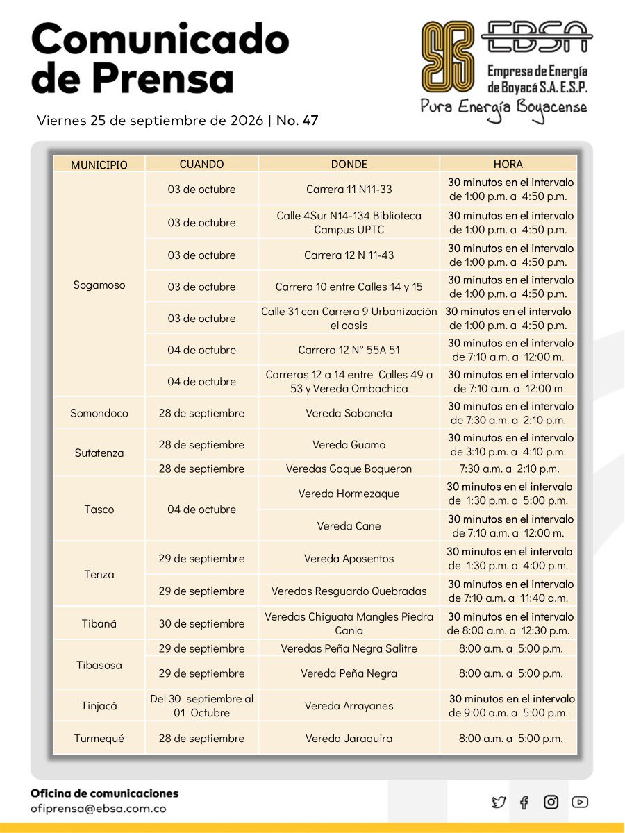 EBSApuraenergia's tweet photo. 🛠️⚡#CortesEBSA | Para seguir brindándote un servicio de energía más seguro, estable y confiable, realizaremos interrupciones programadas en los próximos días. https://t.co/sCrwihwalF