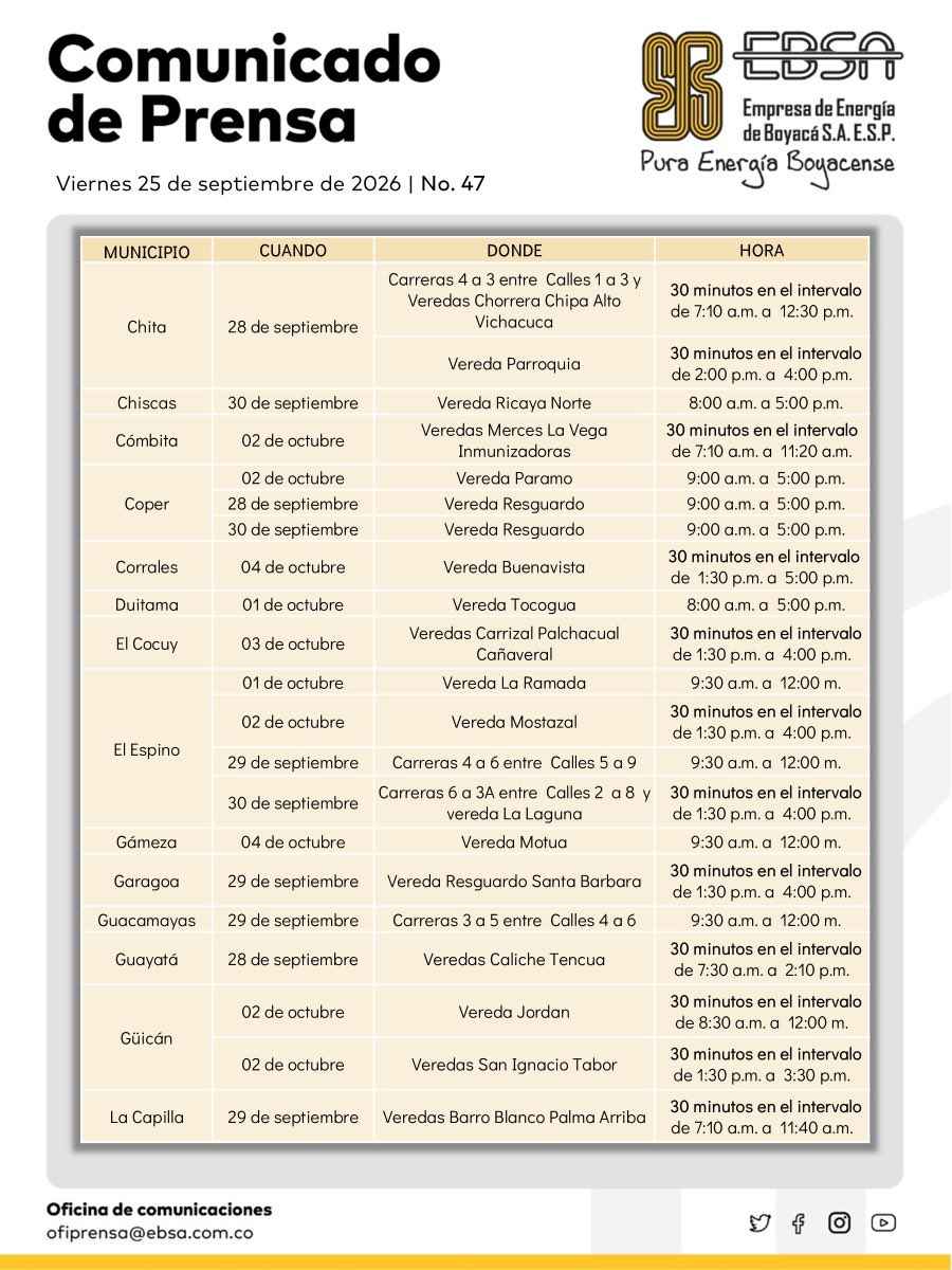EBSApuraenergia's tweet photo. 🛠️⚡#CortesEBSA | Para seguir brindándote un servicio de energía más seguro, estable y confiable, realizaremos interrupciones programadas en los próximos días. https://t.co/sCrwihwalF