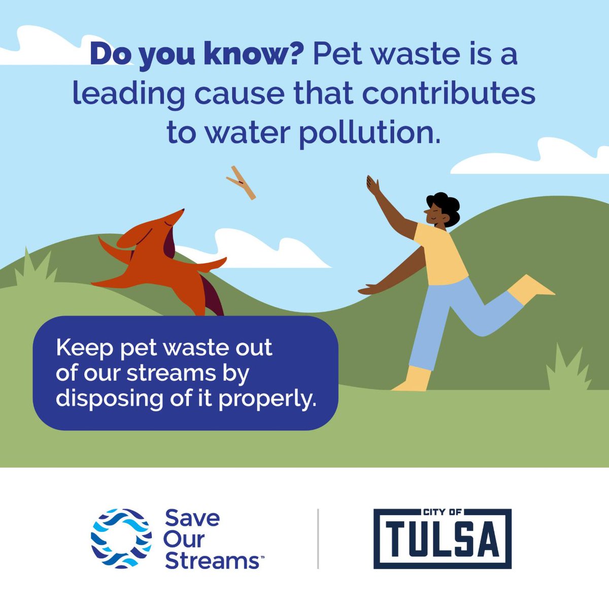 cityoftulsagov's tweet photo. Did you know our furry friends contribute over 24 million pounds of waste each year in Tulsa alone?  Dog waste carries harmful bacteria, including E. coli, which can wash away and contaminate our local streams. Let's keep our city beautiful and our pets healthy by disposing of their waste responsibly! Visit https://t.co/R4r4o4OXI5 for more info.