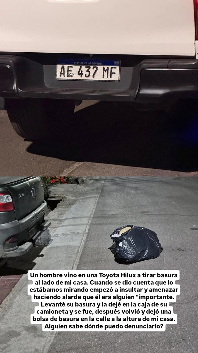 ShallowYami's tweet photo. Un hombre vino en una Toyota Hilux a tirar basura al lado de mi casa. Cuando se dio cuenta que lo estábamos mirando empezó a insultar y amenazar haciendo alarde que él era alguien "importante. 
Alguien sabe dónde se denuncian estos tipos? @MinSegMendoza @MercedesRus1 https://t.co/LbVMgEz9MO