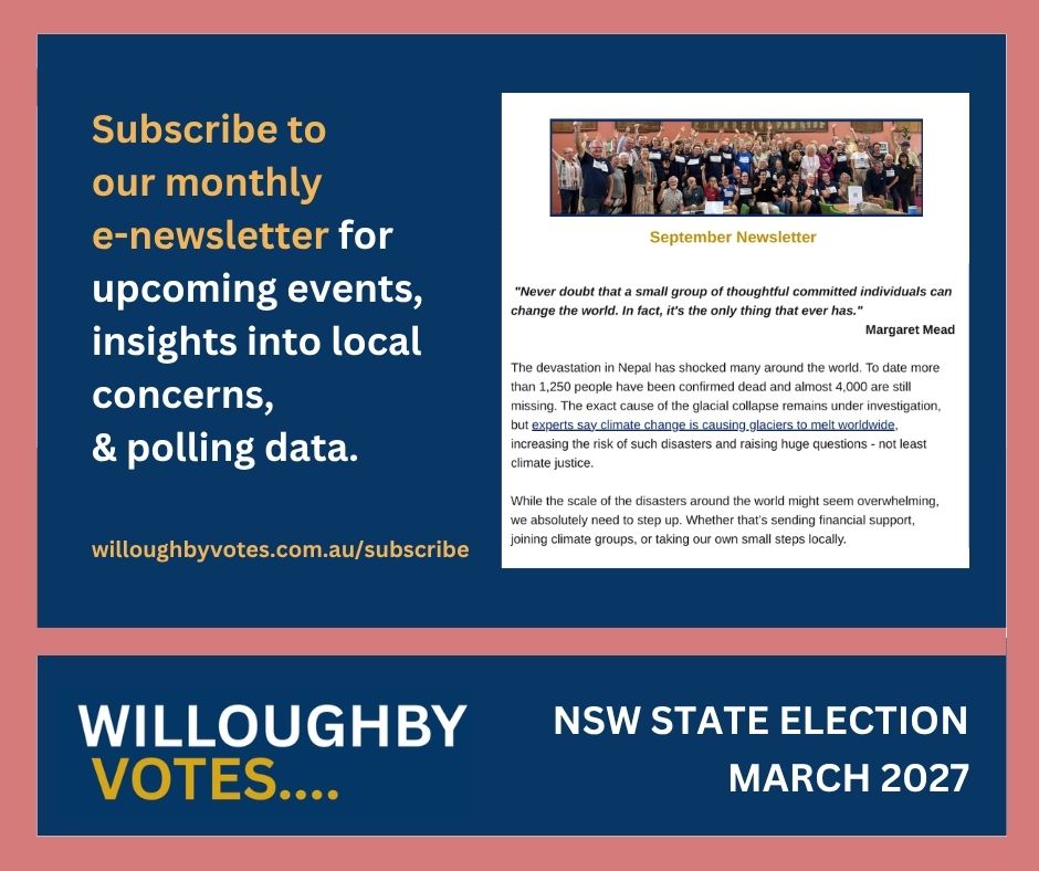WilloughbyVotes's tweet photo. 🌏 This month’s newsletter covers climate change, upcoming events and a proposed new cycleway. Plus, our polling desk takes a closer look at whether Optional Preferential Voting could affect the NSW state election.

📬 Subscribe at https://t.co/s3EHkQVeZV
#WilloughbyVotes #NSWpol https://t.co/YVVGqs0dfv