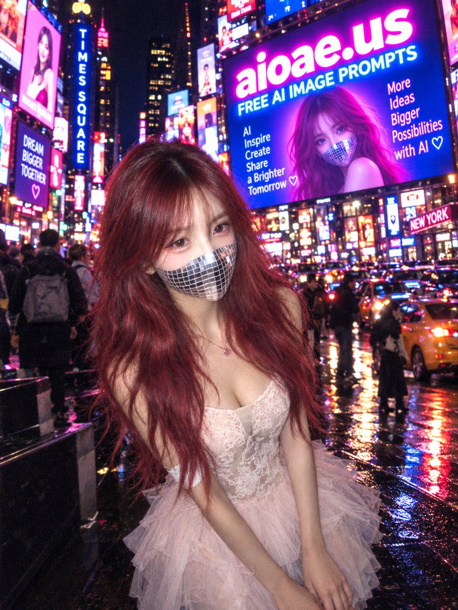 aiacademyus's tweet photo. ChatGPT Prompt

Subject:
Clearly adult woman in her 20s with fair skin, delicate feminine features, soft glossy makeup, and long voluminous deep-red wavy hair with wispy bangs. Candid nightlife fashion portrait with a slightly dreamy expression.

Outfit:
Romantic pale blush-pink lace corset mini dress with a fitted embroidered bodice, delicate floral lace texture, thin shoulder straps, and a soft layered tulle skirt. Minimal silver necklace and subtle accessories.

Pose:
Standing close to the camera with her upper body leaning slightly forward, shoulders relaxed and head subtly tilted, creating a spontaneous nightlife snapshot. She holds a reflective silver mirrored mosaic mask over the lower half of her face, reflecting fragmented pink, blue and white billboard lights.

Background:
Nighttime in the busiest heart of Times Square, New York City, with towering LED screens, dense crowds, taxis and glowing skyscrapers. A large prominent billboard clearly displays “https://t.co/Cvi7BNq307” and “FREE AI IMAGE PROMPTS” in clean readable English.

Lighting & Exposure:
Raw low-light smartphone photography with strong direct flash on the subject, slightly overexposed facial and skin highlights against a much darker background. Heavy high-ISO grain, visible digital noise and color noise, slight softness, mild motion blur, imperfect focus, compression artifacts, neon spill and glowing city bokeh. Authentic unpolished late-night snapshot aesthetic.

Composition:
Vertical 3:4, medium-full portrait, slightly high camera angle, subtly tilted and imperfect framing, subject dominant in the foreground with Times Square billboards clearly visible behind her.#ChatGPT #Image2 #ai