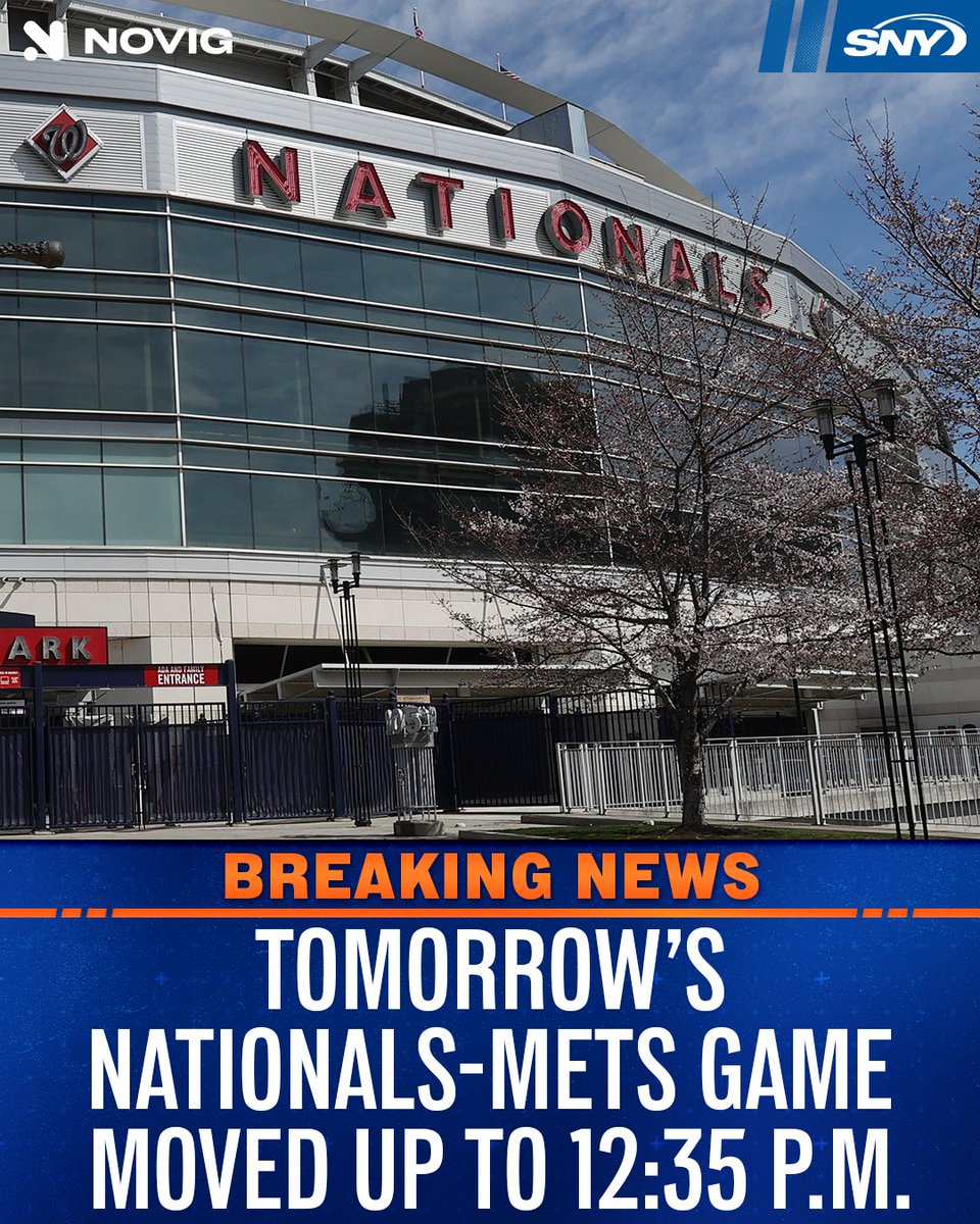 SNY_Mets's tweet photo. The Nationals have moved first pitch for tomorrow's game up to 12:35 p.m. due to inclement weather in the forecast https://t.co/AL6FUIVbPy