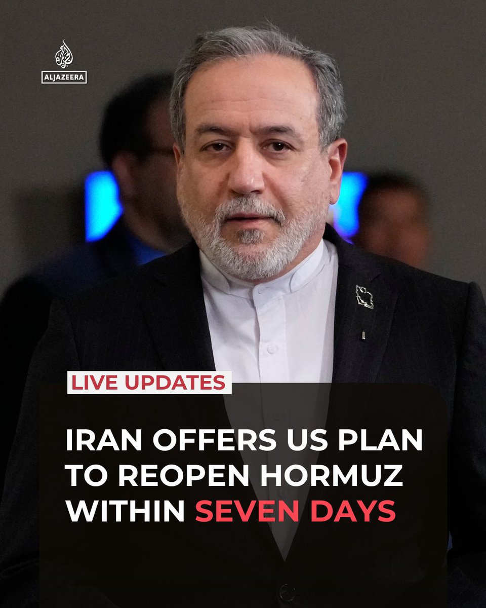AJEnglish's tweet photo. Iran proposes a seven-day roadmap to end the war, with Foreign Minister Abbas Araghchi saying Tehran is ready to implement the plan once the US agrees.

The US says the door to diplomacy has "been open since the beginning".

🔴 Follow our LIVE coverage: https://t.co/T7TIysquXh https://t.co/oIL4WPZoyL